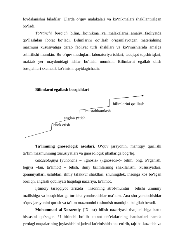 foydalanishni biladilar. Ularda o‘quv malakalari va ko‘nikmalari shakllantirilgan
bo‘ladi.
To‘rtinchi  bosqich bilim,  ko‘nikma  va  malakalarni  amaliy  faoliyatda
qo‘llashdan  iborat  bo‘ladi.  Bilimlarini  qo‘llash  o‘rganilayotgan  materialning
mazmuni  xususiyatiga  qarab  faoliyat  turli  shakllari  va  ko‘rinishlarida  amalga
oshirilishi mumkin. Bu o‘quv mashqlari, laboratoriya ishlari, tadqiqot topshiriqlari,
maktab  yer  maydonidagi  ishlar  bo‘lishi  mumkin.  Bilimlarni  egallab  olish
bosqichlari sxematik ko‘rinishi quyidagichadir:
Bilimlarni egallash bosqichlari
                                                                            bilimlarini qo‘llash
                                                 mustahkamlash
                            anglab yetish
                 idrok etish
Ta’limning  gnoseologik  asoslari.  O‘quv  jarayonini  mantiqiy  qurilishi
ta’lim mazmunining xususiyatlari va gnoseologik jihatlariga bog‘liq.
Gnoseologiya (yunoncha – «gnosis» («gnoseos»)- bilim, ong, o‘rganish,
logiya  –fan,  ta’limot)  –  bilish,  ilmiy  bilimlarning  shakllanishi,  xususiyatlari,
qonuniyatlari, uslublari, ilmiy tafakkur shakllari, shuningdek, insonga xos bo‘lgan
borliqni anglash qobiliyati haqidagi nazariya, ta’limot.
Ijtimoiy  taraqqiyot  tarixida   insonning  atrof-muhitni   bilishi  umumiy
tuzilishiga va bosqichlariga turlicha yondoshishlar ma’lum. Ana shu yondoshishlar
o‘quv jarayonini qurish va ta’lim mazmunini tushunish mantiqini belgilab beradi. 
Muhammad al-Xorazmiy (IX asr) bilish nazariyasi rivojlanishiga katta
hissasini  qo‘shgan.  U  birinchi  bo‘lib  koinot  ob’ektlarining  harakatlari  hamda
yerdagi nuqtalarining joylashishini jadval ko‘rinishida aks ettirib, tajriba-kuzatish va
