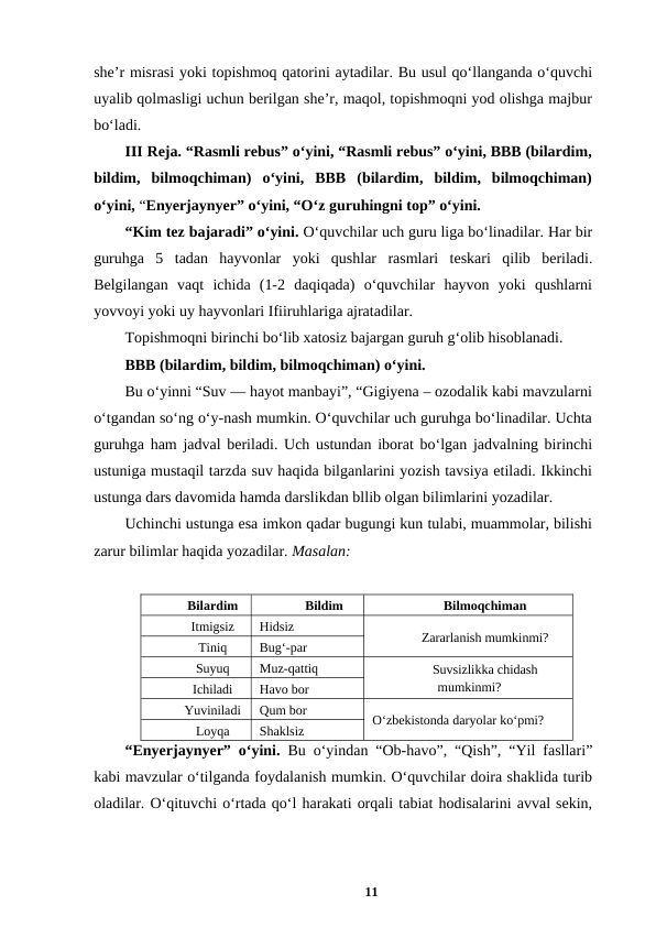 she’r misrasi yoki topishmoq qatorini aytadilar. Bu usul qo‘llanganda o‘quvchi
uyalib qolmasligi uchun berilgan she’r, maqol, topishmoqni yod olishga majbur
bo‘ladi. 
III Reja. “Rasmli rebus” o‘yini, “Rasmli rebus” o‘yini, BBB (bilardim,
bildim,  bilmoqchiman)  o‘yini,  BBB  (bilardim,  bildim,  bilmoqchiman)
o‘yini, “Enyerjaynyer” o‘yini, “O‘z guruhingni top” o‘yini. 
“Kim tez bajaradi” o‘yini. O‘quvchilar uch guru liga bo‘linadilar. Har bir
guruhga  5  tadan  hayvonlar  yoki  qushlar  rasmlari  teskari  qilib  beriladi.
Belgilangan  vaqt  ichida  (1-2  daqiqada)  o‘quvchilar  hayvon  yoki  qushlarni
yovvoyi yoki uy hayvonlari Ifiiruhlariga ajratadilar. 
Topishmoqni birinchi bo‘lib xatosiz bajargan guruh g‘olib hisoblanadi. 
BBB (bilardim, bildim, bilmoqchiman) o‘yini. 
Bu o‘yinni “Suv — hayot manbayi”, “Gigiyena – ozodalik kabi mavzularni
o‘tgandan so‘ng o‘y-nash mumkin. O‘quvchilar uch guruhga bo‘linadilar. Uchta
guruhga ham jadval beriladi. Uch ustundan iborat bo‘lgan jadvalning birinchi
ustuniga mustaqil tarzda suv haqida bilganlarini yozish tavsiya etiladi. Ikkinchi
ustunga dars davomida hamda darslikdan bllib olgan bilimlarini yozadilar. 
Uchinchi ustunga esa imkon qadar bugungi kun tulabi, muammolar, bilishi
zarur bilimlar haqida yozadilar. Masalan: 
Bilardim
Bildim
Bilmoqchiman
Itmigsiz
Hidsiz
Zararlanish mumkinmi?
Tiniq
Bug‘-par
Suyuq
Muz-qattiq
Suvsizlikka chidash
mumkinmi?
Ichiladi
Havo bor
Yuviniladi
Qum bor
O‘zbekistonda daryolar ko‘pmi?
Loyqa
Shaklsiz
“Enyerjaynyer” o‘yini.  Bu o‘yindan “Ob-havo”, “Qish”, “Yil fasllari”
kabi mavzular o‘tilganda foydalanish mumkin. O‘quvchilar doira shaklida turib
oladilar. O‘qituvchi o‘rtada qo‘l harakati orqali tabiat hodisalarini avval sekin,
11

