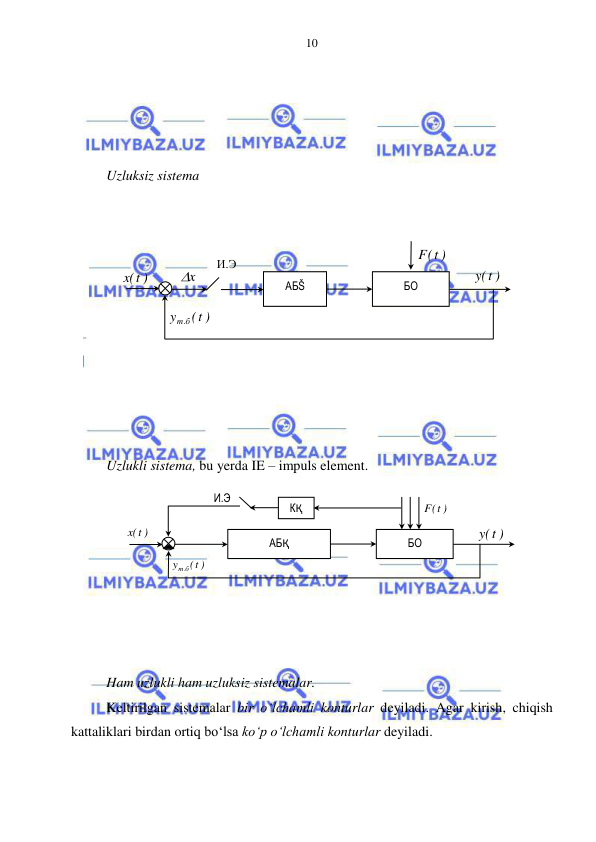  
 
10 
 
 
 
 
 
Uzluksiz sistema 
 
 
 
 
 
 
 
 
 
 
 
Uzlukli sistema, bu yerda IE – impuls element. 
 
 
 
 
 
 
 
 
Ham uzlukli ham uzluksiz sistemalar. 
Keltirilgan sistemalar bir o‘lchamli konturlar deyiladi. Agar kirish, chiqish 
kattaliklari birdan ortiq bo‘lsa ko‘p o‘lchamli konturlar deyiladi. 
АБŠ 
x
  
F t( )
 
БО 
t( )
y
т б.
 
)
t(x
 
)
t(y
 
И.Э 
АБҚ 
F t( )
 
БО 
t( )
y
т б.
 
)
t(x
 
)
t(y
 
КҚ 
И.Э 
