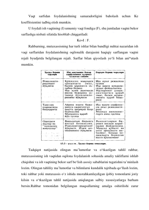  
 
Vaqt sarfidan 
foydalanishning 
samaradorligini baholash 
uchun 
Ke 
koeffitsientini tadbiq etish mumkin.  
U foydali ish vaqtining (I) umumiy vaqt fondiga (F), shu jumladan vaqtni bekor 
sarflashga nisbati sifatida hisoblab chiqqariladi:  
Ke=I : F. 
Rahbarning, mutaxassisning har turli ishlar bilan bandligi nuhtai nazaridan ish 
vaqi sarflaridan foydalanishning oqilonalik darajasini haqiqiy sarflangan vaqtni 
rejali byudjetda belgilangan rejali. Sarflar bilan qiyoslash yo‘li bilan ani*utash 
mumkin. 
 
Tadqiqot natijasida olingan ma’lumotlar va o‘tkazilgan tahlil rahbar, 
mutaxassisning ish vaqtidan oqilona foydalanish sohasida amaliy takliflarni ishlab 
chiqishni va ish vaqtining bekor sarf bo‘lish asosiy sabablarini tugatishni ta’minlash 
lozim. Olingan tahliliy ma’lumotlar va bilimlarni kundalik tajribada qo‘llash lozim, 
toki rahbar yoki mutaxassis o‘z ishida mustahkamlaydigan ijobiy tomonlarni joriy 
kilsin va o‘tkazilgan tahlil natijasida aniqlangan salbiy xususiyatlarga barham 
bersin.Rahbar tomonidan belgilangan maqsallarning amalga oshirilishi zarur 
