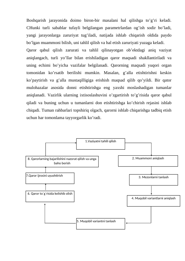 Boshqarish  jarayonida  doimo  biron-bir  masalani  hal  qilishga  to’g’ri  keladi.
CHunki turli sabablar tufayli belgilangan parametrlardan og’ish sodir bo’ladi,
yangi  jarayonlarga  zaruriyat  tug’iladi,  natijada  ishlab  chiqarish  oldida  paydo
bo’lgan muammoni bilish, uni tahlil qilish va hal etish zaruriyati yuzaga keladi.
Qaror  qabul  qilish  zarurati  va  tahlil  qilinayotgan  ob’ektdagi  aniq  vaziyat
aniqlangach, turli  yo’llar  bilan erishiladigan  qaror  maqsadi  shakllantiriladi  va
uning echimi  bo’yicha vazifalar belgilanadi. Qarorning maqsadi  yuqori  organ
tomonidan  ko’rsatib  berilishi  mumkin.  Masalan,  g’alla  etishtirishni  keskin
ko’paytirish va g’alla mustaqilligiga erishish  maqsad qilib qo’yildi. Bir qator
mulohazalar  asosida  donni  etishtirishga  eng  yaxshi  moslashadigan  tumanlar
aniqlanadi. Vazirlik ularning ixtisoslashuvini o’zgartirish to’g’risida qaror qabul
qiladi va buning uchun u tumanlarni don etishtirishga ko’chirish rejasini ishlab
chiqadi. Tuman rahbarlari topshiriq olgach, qarorni ishlab chiqarishga tadbiq etish
uchun har tomonlama tayyorgarlik ko’radi.
5. Muqobil variantni tanlash
1.Vaziyatni tahlil qilish
2. Muammoni aniqlash
7.Qaror ijrosini uyushtirish
8. Qarorlarning bajarilishini nazorat qilish va unga 
baho berish
6. Qaror to`g`risida kelishib olish
4. Muqobil variantlarni aniqlash
3. Mezonlarni tanlash
