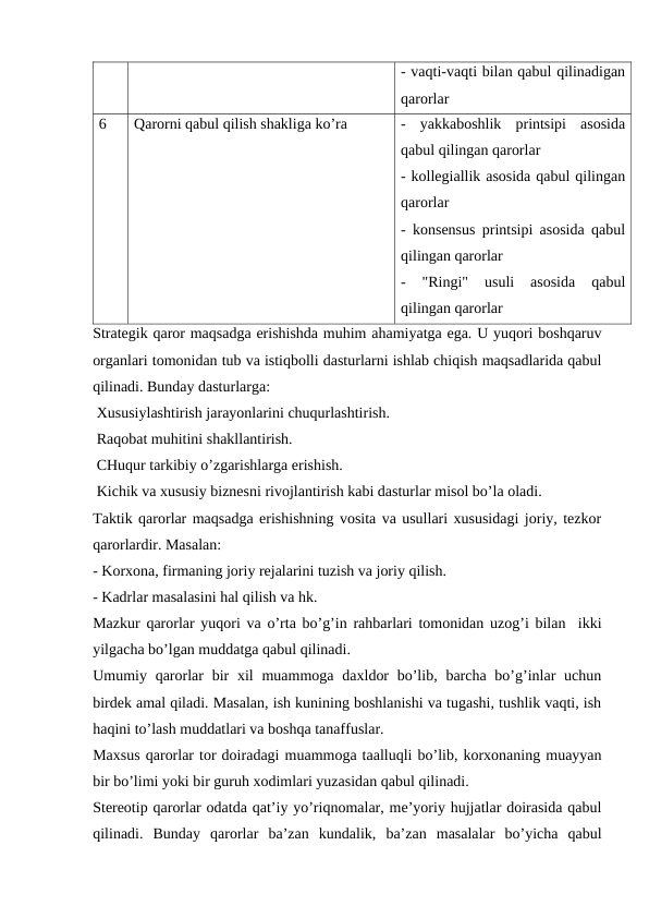 - vaqti-vaqti bilan qabul qilinadigan
qarorlar
6
Qarorni qabul qilish shakliga ko’ra
-  yakkaboshlik  printsipi  asosida
qabul qilingan qarorlar
- kollegiallik asosida qabul qilingan
qarorlar
- konsensus printsipi asosida qabul
qilingan qarorlar 
-  "Ringi"  usuli  asosida  qabul
qilingan qarorlar
Strategik qaror maqsadga erishishda muhim ahamiyatga ega. U yuqori boshqaruv
organlari tomonidan tub va istiqbolli dasturlarni ishlab chiqish maqsadlarida qabul
qilinadi. Bunday dasturlarga:
 Xususiylashtirish jarayonlarini chuqurlashtirish.
 Raqobat muhitini shakllantirish.
 CHuqur tarkibiy o’zgarishlarga erishish.
 Kichik va xususiy biznesni rivojlantirish kabi dasturlar misol bo’la oladi.
Taktik qarorlar maqsadga erishishning vosita va usullari xususidagi joriy, tezkor
qarorlardir. Masalan:
- Korxona, firmaning joriy rejalarini tuzish va joriy qilish.
- Kadrlar masalasini hal qilish va hk.
Mazkur qarorlar yuqori va o’rta bo’g’in rahbarlari tomonidan uzog’i bilan  ikki
yilgacha bo’lgan muddatga qabul qilinadi.
Umumiy qarorlar  bir  xil  muammoga daxldor  bo’lib, barcha  bo’g’inlar  uchun
birdek amal qiladi. Masalan, ish kunining boshlanishi va tugashi, tushlik vaqti, ish
haqini to’lash muddatlari va boshqa tanaffuslar.
Maxsus qarorlar tor doiradagi muammoga taalluqli bo’lib, korxonaning muayyan
bir bo’limi yoki bir guruh xodimlari yuzasidan qabul qilinadi.
Stereotip qarorlar odatda qat’iy yo’riqnomalar, me’yoriy hujjatlar doirasida qabul
qilinadi.  Bunday  qarorlar  ba’zan  kundalik,  ba’zan  masalalar  bo’yicha  qabul
