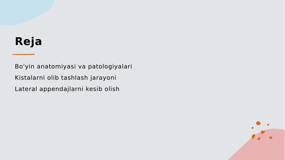 Reja
Bo'yin anatomiyasi va patologiyalari
Kistalarni olib tashlash jarayoni
Lateral appendajlarni kesib olish
