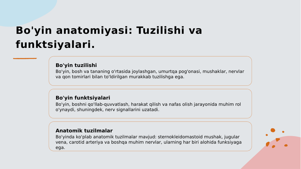 Bo'yin anatomiyasi: Tuzilishi va 
funktsiyalari.
Bo'yin tuzilishi
Bo'yin, bosh va tananing o'rtasida joylashgan, umurtqa pog'onasi, mushaklar, nervlar 
va qon tomirlari bilan to'ldirilgan murakkab tuzilishga ega.
Bo'yin funktsiyalari
Bo'yin, boshni qo'llab-quvvatlash, harakat qilish va nafas olish jarayonida muhim rol 
o'ynaydi, shuningdek, nerv signallarini uzatadi.
Anatomik tuzilmalar
Bo'yinda ko'plab anatomik tuzilmalar mavjud: sternokleidomastoid mushak, jugular 
vena, carotid arteriya va boshqa muhim nervlar, ularning har biri alohida funksiyaga 
ega.

