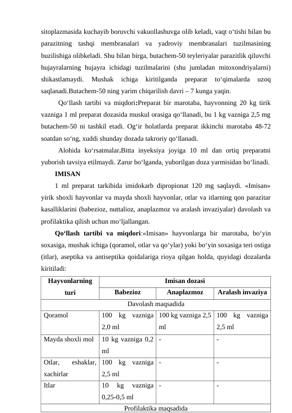 sitoplazmasida kuchayib boruvchi vakuollashuvga olib keladi, vaqt o‘tishi bilan bu
parazitning  tashqi  membranalari  va  yadroviy  membranalari  tuzilmasining
buzilishiga olibkeladi. Shu bilan birga, butachem-50 teyleriyalar parazitlik qiluvchi
hujayralarning  hujayra  ichidagi  tuzilmalarini  (shu jumladan  mitoxondriyalarni)
shikastlamaydi.  Mushak  ichiga  kiritilganda  preparat  to‘qimalarda  uzoq
saqlanadi.Butachem-50 ning yarim chiqarilish davri – 7 kunga yaqin.
Qo‘llash tartibi va miqdori:Preparat bir marotaba, hayvonning 20 kg tirik
vazniga 1 ml preparat dozasida muskul orasiga qo‘llanadi, bu 1 kg vazniga 2,5 mg
butachem-50 ni tashkil etadi. Og‘ir holatlarda preparat ikkinchi marotaba 48-72
soatdan so‘ng, xuddi shunday dozada takroriy qo‘llanadi.
Alohida  ko‘rsatmalar.Bitta  inyeksiya  joyiga  10  ml  dan  ortiq  preparatni
yuborish tavsiya etilmaydi. Zarur bo‘lganda, yuborilgan doza yarmisidan bo‘linadi.
IMISAN
1 ml preparat tarkibida imidokarb dipropionat 120 mg saqlaydi. «Imisan»
yirik shoxli hayvonlar va mayda shoxli hayvonlar, otlar va itlarning qon parazitar
kasalliklarini (babezioz, nuttalioz, anaplazmoz va aralash invaziyalar) davolash va
profilaktika qilish uchun mo‘ljallangan.
Qo‘llash  tartibi  va  miqdori:«Imisan»  hayvonlarga  bir  marotaba,  bo‘yin
soxasiga, mushak ichiga (qoramol, otlar va qo‘ylar) yoki bo‘yin soxasiga teri ostiga
(itlar), aseptika va antiseptika qoidalariga rioya qilgan holda, quyidagi dozalarda
kiritiladi:
Hayvonlarning
turi
Imisan dozasi
Babezioz
Anaplazmoz
Aralash invaziya
Davolash maqsadida
Qoramol 
100  kg  vazniga
2,0 ml
100 kg vazniga 2,5
ml
100  kg  vazniga
2,5 ml
Mayda shoxli mol
10 kg vazniga 0,2
ml
-
-
Otlar,  eshaklar,
xachirlar
100  kg  vazniga
2,5 ml 
-
-
Itlar
10  kg  vazniga
0,25-0,5 ml 
-
-
Profilaktika maqsadida
