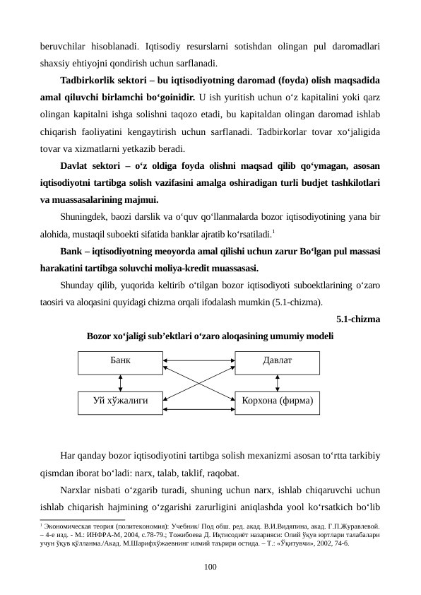 beruvchilar  hisoblanadi.  Iqtisodiy  resurslarni  sotishdan  olingan  pul  daromadlari
shaxsiy ehtiyojni qondirish uchun sarflanadi.
Tadbirkorlik sektori – bu iqtisodiyotning daromad (foyda) olish maqsadida
amal qiluvchi birlamchi bo‘goinidir. U ish yuritish uchun o‘z kapitalini yoki qarz
olingan kapitalni ishga solishni taqozo etadi, bu kapitaldan olingan daromad ishlab
chiqarish faoliyatini kengaytirish uchun sarflanadi. Tadbirkorlar tovar xo‘jaligida
tovar va xizmatlarni yetkazib beradi.
Davlat sektori – o‘z oldiga foyda olishni maqsad qilib qo‘ymagan, asosan
iqtisodiyotni tartibga solish vazifasini amalga oshiradigan turli budjet tashkilotlari
va muassasalarining majmui.
Shuningdek, baozi darslik va o‘quv qo‘llanmalarda bozor iqtisodiyotining yana bir
alohida, mustaqil suboekti sifatida banklar ajratib ko‘rsatiladi.1
Bank – iqtisodiyotning meoyorda amal qilishi uchun zarur Bo‘lgan pul massasi
harakatini tartibga soluvchi moliya-kredit muassasasi.
Shunday qilib, yuqorida keltirib o‘tilgan bozor iqtisodiyoti suboektlarining o‘zaro
taosiri va aloqasini quyidagi chizma orqali ifodalash mumkin (5.1-chizma).
5.1-chizma 
Bozor xo‘jaligi sub’ektlari o‘zaro aloqasining umumiy modeli
Har qanday bozor iqtisodiyotini tartibga solish mexanizmi asosan to‘rtta tarkibiy
qismdan iborat bo‘ladi: narx, talab, taklif, raqobat.
Narxlar nisbati o‘zgarib turadi, shuning uchun narx, ishlab chiqaruvchi uchun
ishlab chiqarish hajmining o‘zgarishi zarurligini aniqlashda yool ko‘rsatkich bo‘lib
1 Экономическая теория (политекономия): Учебник/ Под обш. ред. акад. В.И.Видяпина, акад. Г.П.Журавлевой.
– 4-е изд. - М.: ИНФРА-М, 2004, с.78-79.; Тожибоева Д. Иқтисодиёт назарияси: Олий ўқув юртлари талабалари
учун ўқув қўлланма./Акад. М.Шарифхўжаевнинг илмий таърири остида. – Т.: «Ўқитувчи», 2002, 74-б.  
100
Банк
Уй хўжалиги
Корхона (фирма)
Давлат
