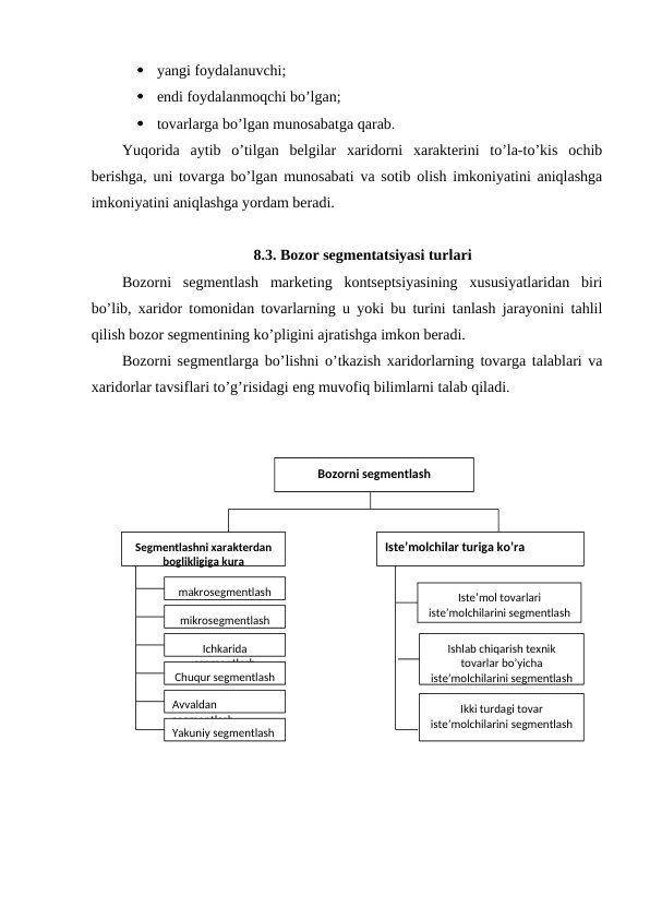   yangi foydalanuvchi;
  endi foydalanmoqchi bo’lgan;
  tovarlarga bo’lgan munosabatga qarab.
Yuqorida  aytib  o’tilgan  belgilar  xaridorni  xarakterini  to’la-to’kis  ochib
berishga, uni tovarga bo’lgan munosabati va sotib olish imkoniyatini aniqlashga
imkoniyatini aniqlashga yordam beradi.
8.3. Bozor segmentatsiyasi turlari
Bozorni  segmentlash  marketing  kontseptsiyasining  xususiyatlaridan  biri
bo’lib, xaridor tomonidan tovarlarning u yoki bu turini tanlash jarayonini tahlil
qilish bozor segmentining ko’pligini ajratishga imkon beradi.
Bozorni segmentlarga bo’lishni o’tkazish xaridorlarning tovarga talablari va
xaridorlar tavsiflari to’g’risidagi eng muvofiq bilimlarni talab qiladi.
Bozorni segmentlash
Segmentlashni xarakterdan 
boglikligiga kura
Iste’molchilar turiga ko’ra
makrosegmentlash
mikrosegmentlash
Ichkarida 
segmentlash
Chuqur segmentlash
Avvaldan  
segmentlash
Yakuniy segmentlash
Iste’mol tovarlari 
iste’molchilarini segmentlash
Ishlab chiqarish texnik 
tovarlar bo’yicha 
iste’molchilarini segmentlash
Ikki turdagi tovar 
iste’molchilarini segmentlash

