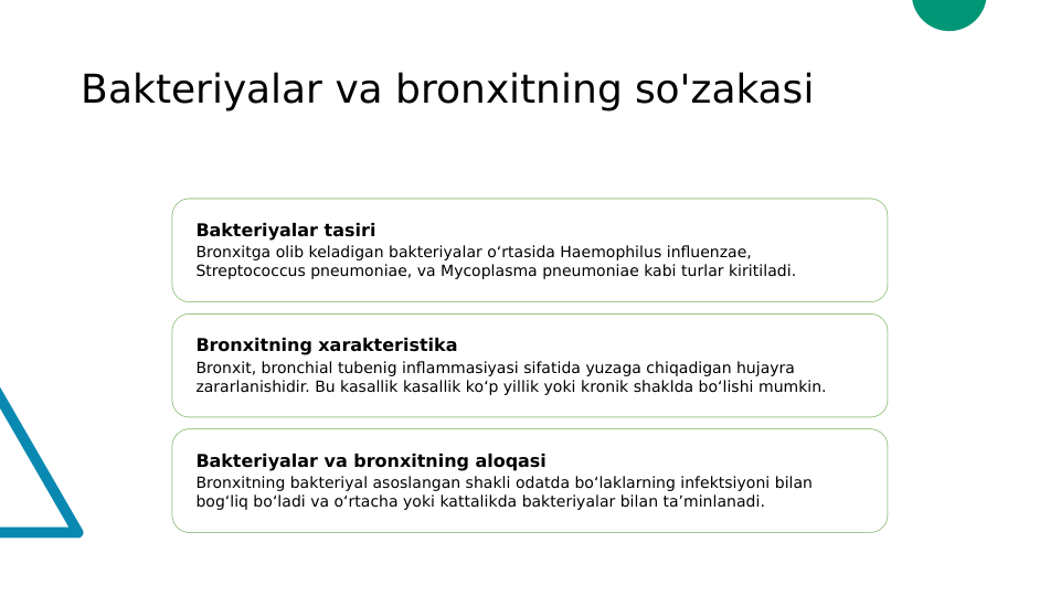 Bakteriyalar va bronxitning so'zakasi
Bakteriyalar tasiri
Bronxitga olib keladigan bakteriyalar oʻrtasida Haemophilus influenzae, 
Streptococcus pneumoniae, va Mycoplasma pneumoniae kabi turlar kiritiladi.
Bronxitning xarakteristika
Bronxit, bronchial tubenig inflammasiyasi sifatida yuzaga chiqadigan hujayra 
zararlanishidir. Bu kasallik kasallik koʻp yillik yoki kronik shaklda boʻlishi mumkin.
Bakteriyalar va bronxitning aloqasi
Bronxitning bakteriyal asoslangan shakli odatda boʻlaklarning infektsiyoni bilan 
bogʻliq boʻladi va oʻrtacha yoki kattalikda bakteriyalar bilan taʼminlanadi.
