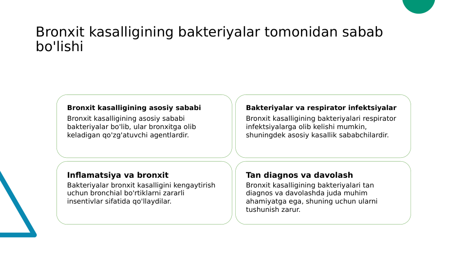 Bronxit kasalligining bakteriyalar tomonidan sabab 
bo'lishi
Bronxit kasalligining asosiy sababi
Bronxit kasalligining asosiy sababi 
bakteriyalar bo'lib, ular bronxitga olib 
keladigan qo'zg'atuvchi agentlardir.
Bakteriyalar va respirator infektsiyalar
Bronxit kasalligining bakteriyalari respirator 
infektsiyalarga olib kelishi mumkin, 
shuningdek asosiy kasallik sababchilardir.
Inflamatsiya va bronxit
Bakteriyalar bronxit kasalligini kengaytirish 
uchun bronchial bo'rtiklarni zararli 
insentivlar sifatida qo'llaydilar.
Tan diagnos va davolash
Bronxit kasalligining bakteriyalari tan 
diagnos va davolashda juda muhim 
ahamiyatga ega, shuning uchun ularni 
tushunish zarur.
