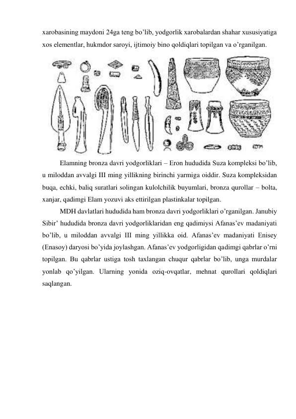 xarobasining maydoni 24ga teng bo’lib, yodgorlik xarobalardan shahar xususiyatiga 
xos elementlar, hukmdor saroyi, ijtimoiy bino qoldiqlari topilgan va o’rganilgan. 
 
Elamning bronza davri yodgorliklari – Eron hududida Suza kompleksi bo’lib, 
u miloddan avvalgi III ming yillikning birinchi yarmiga oiddir. Suza kompleksidan 
buqa, echki, baliq suratlari solingan kulolchilik buyumlari, bronza qurollar – bolta, 
xanjar, qadimgi Elam yozuvi aks ettirilgan plastinkalar topilgan. 
MDH davlatlari hududida ham bronza davri yodgorliklari o’rganilgan. Janubiy 
Sibir’ hududida bronza davri yodgorliklaridan eng qadimiysi Afanas’ev madaniyati 
bo’lib, u miloddan avvalgi III ming yillikka oid. Afanas’ev madaniyati Enisey 
(Enasoy) daryosi bo’yida joylashgan. Afanas’ev yodgorligidan qadimgi qabrlar o’rni 
topilgan. Bu qabrlar ustiga tosh taxlangan chuqur qabrlar bo’lib, unga murdalar 
yonlab qo’yilgan. Ularning yonida oziq-ovqatlar, mehnat qurollari qoldiqlari 
saqlangan. 
