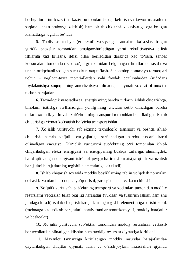 boshqa turlarini bazis (markaziy) ombordan tsexga keltirish va tayyor maxsulotni
saqlash uchun omborga keltirish) ham ishlab chiqarish xususiyatiga ega bo‘lgan
xizmatlarga tegishli bo‘ladi.
5.  Tabiiy  xomashyo  (er  rekul`tivatsiyasigaajratmalar,  ixtisoslashtirilgan
yuridik  shaxslar  tomonidan  amalgaoshiriladigan  yerni  rekul`tivatsiya  qilish
ishlariga  xaq  to‘lash),  ildizi  bilan  beriladigan  daraxtga  xaq  to‘lash,  sanoat
korxonalari tomonidan suv xo‘jaligi tizimidan belgilangan limitlar doirasida va
undan ortiqchaolinadigan suv uchun xaq to‘lash. Sanoatning xomashyo tarmoqlari
uchun  –  yog`och-taxta  materiallardan  yoki  foydali  qazilmalardan  (rudadan)
foydalanishga xuquqlarning amortizatsiya qilinadigan qiymati yoki atrof-muxitni
tiklash harajatlari.
6. Texnologik maqsadlarga, energiyaning barcha turlarini ishlab chiqarishga,
binolarni  isitishga  sarflanadigan  yonilg`ining  chetdan  sotib  olinadigan  barcha
turlari, xo‘jalik yurituvchi sub’ektlarning transporti tomonidan bajariladigan ishlab
chiqarishga xizmat ko‘rsatish bo‘yicha transport ishlari.
7. Xo‘jalik yurituvchi sub’ektning texnologik, transport va boshqa ishlab
chiqarish  hamda  xo‘jalik  extiyojlariga  sarflanadigan  barcha  turdani  harid
qilinadigan  energiya.  (Xo‘jalik  yurituvchi  sub’ektning  o‘zi  tomonidan  ishlab
chiqariladigan  elektr  energiyasi  va  energiyaning boshqa  turlariga, shuningdek,
harid qilinadigan energiyani iste’mol joyigacha transformatsiya qilish va uzatish
harajatlari harajatlarning tegishli elementlariga kiritiladi).
8. Ishlab chiqarish soxasida moddiy boyliklarning tabiiy yo‘qolish normalari
doirasida va ulardan ortiqcha yo‘qotilishi, yaroqsizlanishi va kam chiqishi.
9. Xo‘jalik yurituvchi sub’ektning transporti va xodimlari tomonidan moddiy
resurslarni yetkazish bilan bog‘liq harajatlar (yuklash va tushirish ishlari ham shu
jumlaga kiradi) ishlab chiqarish harajatlarining tegishli elementlariga kirishi kerak
(mehnatga xaq to‘lash harajatlari, asosiy fondlar amortizatsiyasi, moddiy harajatlar
va boshqalar).
10. Xo‘jalik yurituvchi sub’ektlar tomonidan moddiy resurslarni yetkazib
beruvchilardan olinadigan idishlar ham moddiy resurslar qiymatiga kiritiladi.
11.  Maxsulot  tannarxiga  kiritiladigan  moddiy  resurslar  harajatlaridan
qaytariladigan  chiqitlar  qiymati,  idish  va  o`rash-joylash  materiallari  qiymati

