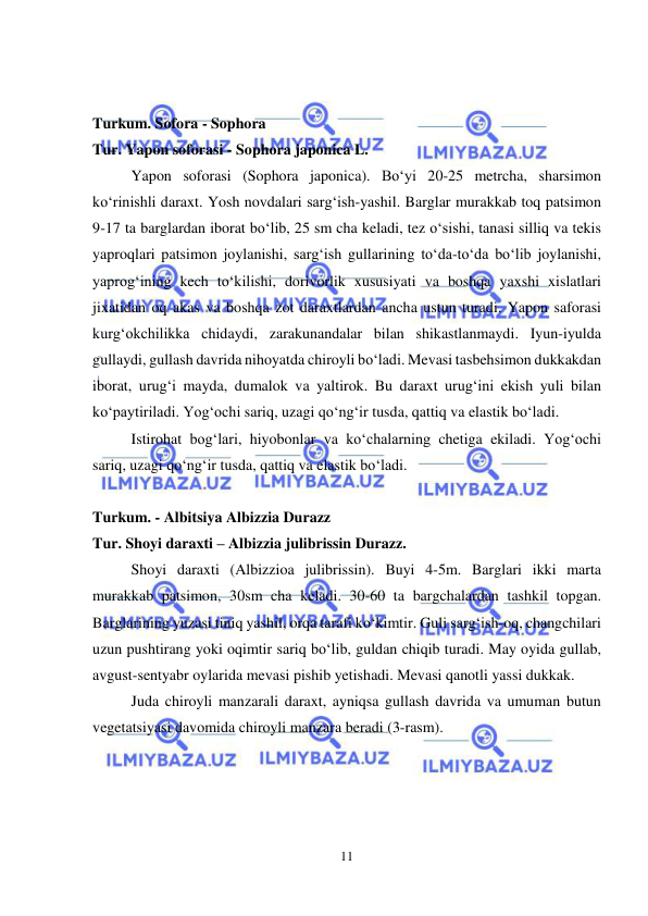  
 
11 
 
 
Turkum. Sofora - Sophora   
Tur. Yapon soforasi - Sophora japonica L.  
Yapon soforasi (Sophora japonica). Bo‘yi 20-25 metrcha, sharsimon 
ko‘rinishli daraxt. Yosh novdalari sarg‘ish-yashil. Barglar murakkab toq patsimon 
9-17 ta barglardan iborat bo‘lib, 25 sm cha keladi, tez o‘sishi, tanasi silliq va tekis 
yaproqlari patsimon joylanishi, sarg‘ish gullarining to‘da-to‘da bo‘lib joylanishi, 
yaprog‘ining kech to‘kilishi, dorivorlik xususiyati va boshqa yaxshi xislatlari 
jixatidan oq akas va boshqa zot daraxtlardan ancha ustun turadi. Yapon saforasi 
kurg‘okchilikka chidaydi, zarakunandalar bilan shikastlanmaydi. Iyun-iyulda 
gullaydi, gullash davrida nihoyatda chiroyli bo‘ladi. Mevasi tasbehsimon dukkakdan 
iborat, urug‘i mayda, dumalok va yaltirok. Bu daraxt urug‘ini ekish yuli bilan 
ko‘paytiriladi. Yog‘ochi sariq, uzagi qo‘ng‘ir tusda, qattiq va elastik bo‘ladi.  
Istirohat bog‘lari, hiyobonlar va ko‘chalarning chetiga ekiladi. Yog‘ochi 
sariq, uzagi qo‘ng‘ir tusda, qattiq va elastik bo‘ladi. 
 
Turkum. - Albitsiya Albizzia Durazz 
Tur. Shoyi daraxti – Albizzia julibrissin Durazz.  
Shoyi daraxti (Albizzioa julibrissin). Buyi 4-5m. Barglari ikki marta 
murakkab patsimon, 30sm cha keladi. 30-60 ta bargchalardan tashkil topgan. 
Barglarining yuzasi tiniq yashil, orqa tarafi ko‘kimtir. Guli sarg‘ish-oq, changchilari 
uzun pushtirang yoki oqimtir sariq bo‘lib, guldan chiqib turadi. May oyida gullab, 
avgust-sentyabr oylarida mevasi pishib yetishadi. Mevasi qanotli yassi dukkak. 
Juda chiroyli manzarali daraxt, ayniqsa gullash davrida va umuman butun 
vegetatsiyasi davomida chiroyli manzara beradi (3-rasm). 
  
 
