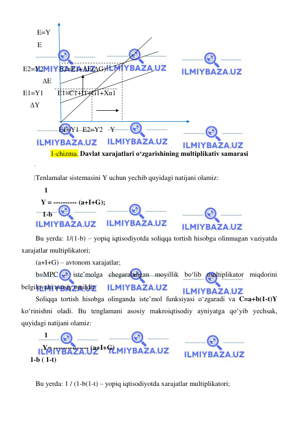  
 
         E=Y 
 E                                          
 
 E2=Y2         E2=E1+ΔE(ΔG) 
    ΔE         
 E1=Y1        E1=C1+I1+G1+Xn1 
     ΔY 
        
    
 E1=Y1  E2=Y2    Y 
 
1-chizma. Davlat xarajatlari oʻzgarishining multiplikativ samarasi 
  
Tenlamalar sistemasini Y uchun yechib quyidagi natijani olamiz:  
     1 
   Y = ---------- (a+I+G);  
    1-b 
 
Bu yerda: 1/(1-b) – yopiq iqtisodiyotda soliqqa tortish hisobga olinmagan vaziyatda 
xarajatlar multiplikatori; 
(a+I+G) – avtonom xarajatlar; 
b=MPC – isteʼmolga chegaralangan moyillik boʻlib multiplikator miqdorini 
belgilovchi asosiy omildir. 
Soliqqa tortish hisobga olinganda iste’mol funksiyasi oʻzgaradi va C=a+b(1-t)Y 
koʻrinishni oladi. Bu tenglamani asosiy makroiqtisodiy ayniyatga qoʻyib yechsak, 
quyidagi natijani olamiz:  
     1   
    Y= --------------- (a+I+G) 
     1-b ( 1-t) 
 
Bu yerda: 1 / (1-b(1-t) – yopiq iqtisodiyotda xarajatlar multiplikatori;  
