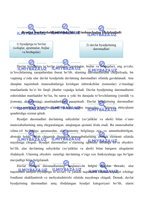  
 
 
 
Byudjet fondini shakllantirishda ikki xil tushunchadan foydalaniladi: 
 
 
 
 
Davlat byudjetiga toʻlovlar (soliqlar, ajratmalar, bojlar va boshqalar), eng avvalo, 
toʻlovchilarning xarajatlaridan iborat boʻlib, ularning daromadlaridan chegirilsada, bir 
vaqtning oʻzida ular davlat byudjetida davlatning daromadlari sifatida gavdalanadi. Ana 
shundan taqsimlash munosabatlariga kirishgan ishtirokchilar (tomonlar) oʻrtasidagi 
manfaatlarda ba’zi bir farqli jihatlar vujudga keladi. Davlat byudjetning daromadlarini 
oshirishdan manfaatdor boʻlsa, bu narsa u yoki bu darajada toʻlovchilarning (yuridik va 
jismoniy shaxslarning) manfaatdorligini pasaytiradi. Davlat byudjetining daromadlari 
oʻzining yaxlitligi bilan farqlanadi va ular yagona maqsadga — ijtimoiy ehtiyojlarni 
qondirishga xizmat qiladi. 
Byudjet daromadlari davlatning subyektlar (xoʻjaliklar va aholi) bilan oʻzaro 
munosabatlarining aniq chegaralangan, aniqlangan qismini ifoda etadi. Bu munosabatlar 
xilma-xil boʻlishiga qaramasdan, ular umumiy belgilarga ega va umumlashtirilgan, 
abstrakt holda ishlab chiqarish (byudjet) munosabatlarining alohida elementi sifatida 
maydonga chiqadi. Byudjet daromadlari oʻzlarining iqtisodiy tabiatiga koʻra obyektiv 
boʻlib, ular davlatning subyektlar (xoʻjaliklar va aholi) bilan barqaror aloqalarini 
ifodalaydi. Ularning obyektiv zarurligi davlatning oʻziga xos funksiyalarga ega boʻlgan 
mavjudligi bilan belgilanadi. 
Davlat byudjeti daromadlarining farqlanuvchi belgisi shundan iboratki, ular 
taqsimlash natijasi (byudjetga toʻlovlar) va yanada taqsimlash obyekti (byudjet ichidagi 
fondlarni shakllantirish va moliyalashtirish) sifatida maydonga chiqadi. Demak, davlat 
byudjetining daromadlari aniq ifodalangan byudjet kategoriyasi boʻlib, ularni 
 
2) davlat byudjetining 
daromadlari 
1) byudjetga toʻlovlar 
(soliqlar, ajratmalar, bojlar 
va boshqalar) 
