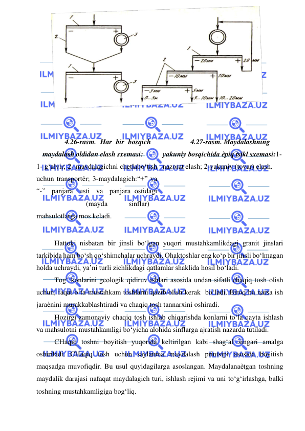  
 
 
 
 
4.26-rasm. Har bir bosqich 
maydalash oldidan elash sxemasi: 
1- g‘alvir; 2- maydalagichni chetlab o‘tish 
uchun transportѐr; 3-maydalagich: “+” va 
“-” panjara usti va panjara ostidagi
 
(mayda 
sinflar) 
mahsulotlarga mos keladi. 
4.27-rasm. Maydalashning 
yakuniy bosqichida ѐpiq tsikl sxemasi: 1-
nazorat elash; 2-yakuniy (tovar) elash. 
 
Hattoki nisbatan bir jinsli bo‘lgan yuqori mustahkamlikdagi granit jinslari 
tarkibida ham bo‘sh qo‘shimchalar uchraydi. Ohaktoshlar eng ko‘p bir jinsli bo‘lmagan 
holda uchraydi, ya’ni turli zichlikdagi qatlamlar shaklida hosil bo‘ladi. 
Tog‘ konlarini geologik qidiruv ishlari asosida undan sifatli chaqiq tosh olish 
uchun, faqat o‘ta mustahkam toshlarni qazib olish kerak bo‘ladi. Biroq bu narsa ish 
jaraѐnini murakkablashtiradi va chaqiq tosh tannarxini oshiradi. 
Hozirgi zamonaviy chaqiq tosh ishlab chiqarishda konlarni to‘la qayta ishlash 
va mahsulotni mustahkamligi bo‘yicha alohida sinflarga ajratish nazarda tutiladi. 
CHaqiq toshni boyitish yuqorida keltirilgan kabi shag‘al singari amalga 
oshiriladi. CHaqiq tosh uchun saylanma maydalash printsipi asosida boyitish 
maqsadga muvofiqdir. Bu usul quyidagilarga asoslangan. Maydalanaѐtgan toshning 
maydalik darajasi nafaqat maydalagich turi, ishlash rejimi va uni to‘g‘irlashga, balki 
toshning mustahkamligiga bog‘liq. 
