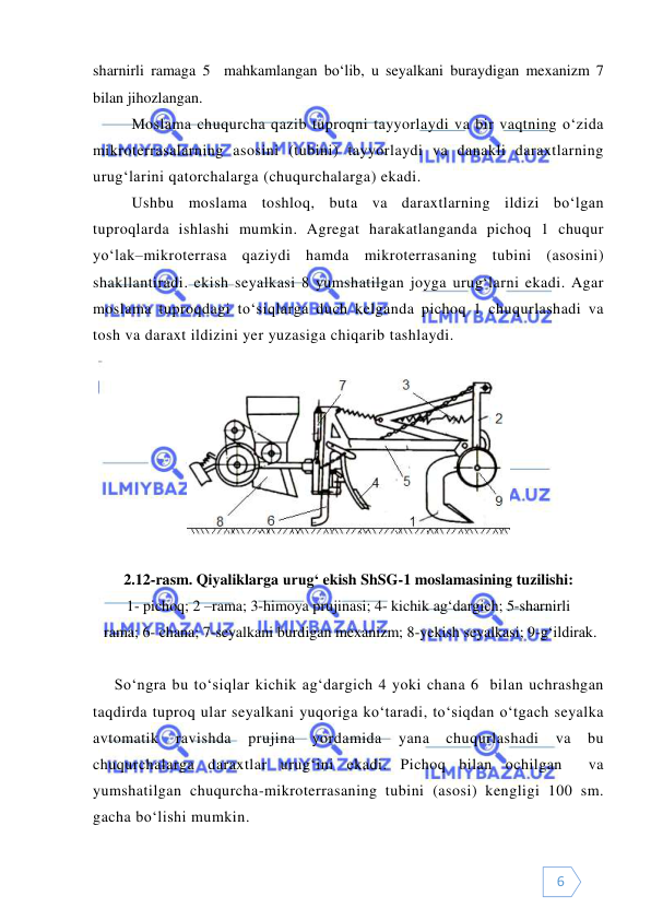  
 
6 
sharnirli ramaga 5  mahkamlangan bo‘lib, u seyalkani buraydigan mexanizm 7 
bilan jihozlangan. 
Moslama chuqurcha qazib tuproqni tayyorlaydi va bir vaqtning o‘zida 
mikroterrasalarning asosini (tubini) tayyorlaydi va danakli daraxtlarning 
urug‘larini qatorchalarga (chuqurchalarga) ekadi. 
Ushbu moslama toshloq, buta va daraxtlarning ildizi bo‘lgan 
tuproqlarda ishlashi mumkin. Agregat harakatlanganda pichoq 1 chuqur 
yo‘lak–mikroterrasa qaziydi hamda mikroterrasaning tubini (asosini) 
shakllantiradi. ekish seyalkasi 8 yumshatilgan joyga urug‘larni ekadi. Agar 
moslama tuproqdagi to‘siqlarga duch kelganda pichoq 1 chuqurlashadi va 
tosh va daraxt ildizini yer yuzasiga chiqarib tashlaydi. 
 
 
 
2.12-rasm. Qiyaliklarga urug‘ ekish ShSG-1 moslamasining tuzilishi: 
1- pichoq; 2 –rama; 3-himoya prujinasi; 4- kichik ag‘dargich; 5-sharnirli 
 rama; 6- chana; 7-seyalkani burdigan mexanizm; 8-yekish seyalkasi; 9-g‘ildirak. 
 
So‘ngra bu to‘siqlar kichik ag‘dargich 4 yoki chana 6  bilan uchrashgan 
taqdirda tuproq ular seyalkani yuqoriga ko‘taradi, to‘siqdan o‘tgach seyalka 
avtomatik 
ravishda 
prujina 
yordamida 
yana 
chuqurlashadi 
va 
bu 
chuqurchalarga daraxtlar urug‘ini ekadi. Pichoq bilan ochilgan  va 
yumshatilgan chuqurcha-mikroterrasaning tubini (asosi) kengligi 100 sm. 
gacha bo‘lishi mumkin.  
 
