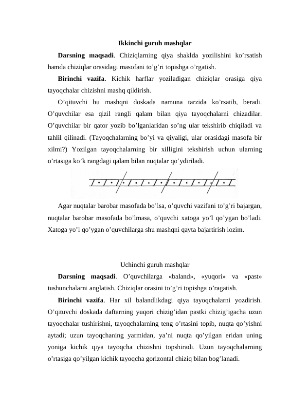 Ikkinchi guruh mashqlar
Darsning  maqsadi.  Chiziqlarning  qiya  shaklda  yozilishini  ko’rsatish
hamda chiziqlar orasidagi masofani to’g’ri topishga o’rgatish.
Birinchi  vazifa.  Kichik  harflar  yoziladigan  chiziqlar  orasiga  qiya
tayoqchalar chizishni mashq qildirish.
O’qituvchi  bu  mashqni  doskada  namuna  tarzida  ko’rsatib,  beradi.
O’quvchilar  esa  qizil  rangli  qalam  bilan  qiya  tayoqchalarni  chizadilar.
O’quvchilar bir qator yozib bo’lganlaridan so’ng ular tekshirib chiqiladi va
tahlil qilinadi. (Tayoqchalarning bo’yi va qiyaligi, ular orasidagi masofa bir
xilmi?)  Yozilgan  tayoqchalarning  bir  xilligini  tekshirish  uchun  ularning
o’rtasiga ko’k rangdagi qalam bilan nuqtalar qo’ydiriladi.
Agar nuqtalar barobar masofada bo’lsa, o’quvchi vazifani to’g’ri bajargan,
nuqtalar barobar masofada bo’lmasa, o’quvchi xatoga yo’l qo’ygan bo’ladi.
Xatoga yo’l qo’ygan o’quvchilarga shu mashqni qayta bajartirish lozim.
Uchinchi guruh mashqlar
Darsning  maqsadi.  O’quvchilarga  «baland»,  «yuqori»  va  «past»
tushunchalarni anglatish. Chiziqlar orasini to’g’ri topishga o’ragatish.
Birinchi  vazifa.  Har  xil  balandlikdagi  qiya  tayoqchalarni  yozdirish.
O’qituvchi doskada daftarning yuqori chizig’idan pastki chizig’igacha uzun
tayoqchalar tushirishni, tayoqchalarning teng o’rtasini topib, nuqta qo’yishni
aytadi;  uzun  tayoqchaning  yarmidan,  ya’ni  nuqta  qo’yilgan  eridan  uning
yoniga  kichik  qiya  tayoqcha  chizishni  topshiradi.  Uzun  tayoqchalarning
o’rtasiga qo’yilgan kichik tayoqcha gorizontal chiziq bilan bog’lanadi.

