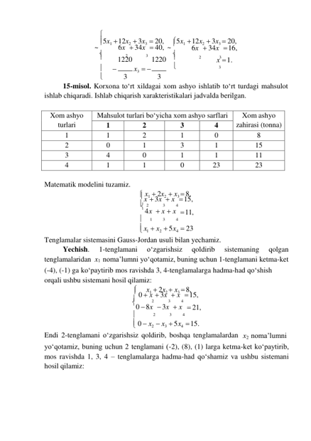 5x1  12x2  3x3  20, 
 
5x1  12x2  3x3  20, 
~  
6x  34x  40, ~ 
6x  34x  16, 
 
2 
3 

 
1220 
1220 
2 
3 
x  1. 
 
 
x3   
 
3 
 
3 
3 
15-misol. Korxona toʻrt xildagai xom ashyo ishlatib toʻrt turdagi mahsulot 
ishlab chiqaradi. Ishlab chiqarish xarakteristikalari jadvalda berilgan. 
 
 
 
 
 
 
 
 
 
Matematik modelini tuzamiz. 
 
 
 
 
 
 
 
 
 x1  2x2  x3  8, 
x  3x  x  15, 
 2 
3 
4 
4x  x  x  11, 
 
1 
3 
4 
 x1   x2   5x4   23 
Tenglamalar sistemasini Gauss-Jordan usuli bilan yechamiz. 
Yechish. 
1-tenglamani 
oʻzgarishsiz 
qoldirib 
sistemaning 
qolgan 
tenglamalaridan x1 noma’lumni yoʻqotamiz, buning uchun 1-tenglamani ketma-ket 
(-4), (-1) ga koʻpaytirib mos ravishda 3, 4-tenglamalarga hadma-had qoʻshish 
orqali ushbu sistemani hosil qilamiz: 
 
x1  2x2  x3  8, 
 0  x  3x  x  15, 
 
2 
3 
4 
0  8x  3x  x  21, 
 
2 
3 
4 
 0  x2   x3   5x4   15. 
Endi 2-tenglamani oʻzgarishsiz qoldirib, boshqa tenglamalardan  
х2 noma’lumni 
yoʻqotamiz, buning uchun 2 tenglamani (-2), (8), (1) larga ketma-ket koʻpaytirib, 
mos ravishda 1, 3, 4 – tenglamalarga hadma-had qoʻshamiz va ushbu sistemani 
hosil qilamiz: 
Xom ashyo 
turlari 
Mahsulot turlari boʻyicha xom ashyo sarflari 
Xom ashyo 
zahirasi (tonna) 
1 
2 
3 
4 
1 
1 
2 
1 
0 
8 
2 
0 
1 
3 
1 
15 
3 
4 
0 
1 
1 
11 
4 
1 
1 
0 
23 
23 
 
