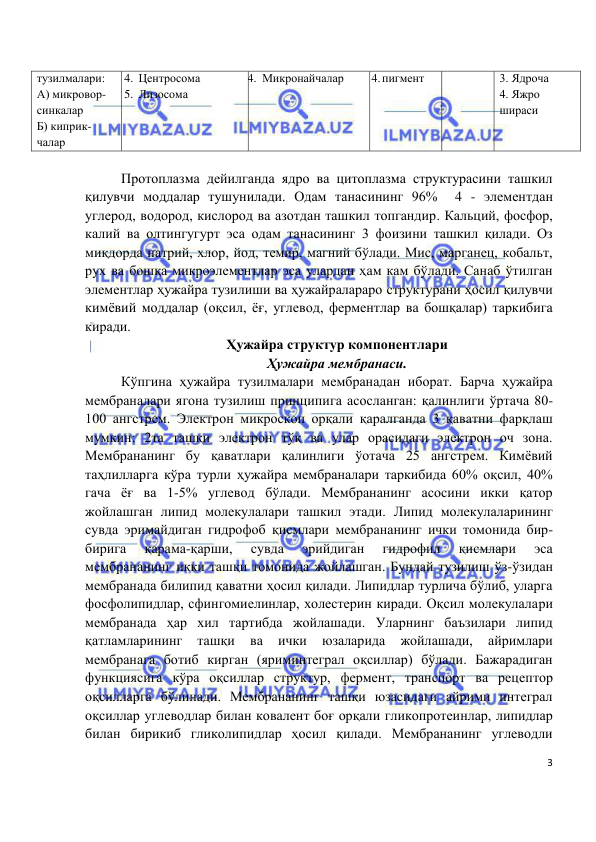  
 
 
3 
тузилмалари: 
А) микровор-
синкалар 
Б) киприк-
чалар 
4. Центросома 
5. Лизосома 
 
4. Микронайчалар  
4. пигмент 
3. Ядроча 
4. Яжро 
шираси 
 
Протоплазма дейилганда ядро ва цитоплазма структурасини ташкил 
қилувчи моддалар тушунилади. Одам танасининг 96%  4 - элементдан 
углерод, водород, кислород ва азотдан ташкил топгандир. Кальций, фосфор, 
калий ва олтингугурт эса одам танасининг 3 фоизини ташкил қилади. Оз 
миқдорда натрий, хлор, йод, темир, магний бўлади. Мис, марганец, кобальт, 
рух ва бошқа микроэлементлар эса улардан ҳам кам бўлади. Санаб ўтилган 
элементлар ҳужайра тузилиши ва ҳужайралараро структурани ҳосил қилувчи 
кимёвий моддалар (оқсил, ёғ, углевод, ферментлар ва бошқалар) таркибига 
киради.  
Ҳужайра структур компонентлари 
Ҳужайра мембранаси. 
Кўпгина ҳужайра тузилмалари мембранадан иборат. Барча ҳужайра 
мембраналари ягона тузилиш принципига асосланган: қалинлиги ўртача 80-
100 ангстрем. Электрон микроскоп орқали қаралганда 3 қаватни фарқлаш 
мумкин: 2та ташқи электрон тўқ ва улар орасидаги электрон оч зона. 
Мембрананинг бу қаватлари қалинлиги ўотача 25 ангстрем. Кимёвий 
таҳлилларга кўра турли ҳужайра мембраналари таркибида 60% оқсил, 40% 
гача ёғ ва 1-5% углевод бўлади. Мембрананинг асосини икки қатор 
жойлашган липид молекулалари ташкил этади. Липид молекулаларининг 
сувда эримайдиган гидрофоб қисмлари мембрананинг ички томонида бир-
бирига 
қарама-қарши, 
сувда 
эрийдиган 
гидрофил 
қисмлари 
эса 
мембрананинг икки ташқи томонида жойлашган. Бундай тузилиш ўз-ўзидан 
мембранада билипид қаватни ҳосил қилади. Липидлар турлича бўлиб, уларга 
фосфолипидлар, сфингомиелинлар, холестерин киради. Оқсил молекулалари 
мембранада ҳар хил тартибда жойлашади. Уларнинг баъзилари липид 
қатламларининг 
ташқи 
ва 
ички 
юзаларида 
жойлашади, 
айримлари 
мембранага ботиб кирган (яриминтеграл оқсиллар) бўлади. Бажарадиган 
функциясига кўра оқсиллар структур, фермент, транспорт ва рецептор 
оқсилларга бўлинади. Мембрананинг ташқи юзасидаги айрими интеграл 
оқсиллар углеводлар билан ковалент боғ орқали гликопротеинлар, липидлар 
билан бирикиб гликолипидлар ҳосил қилади. Мембрананинг углеводли 
