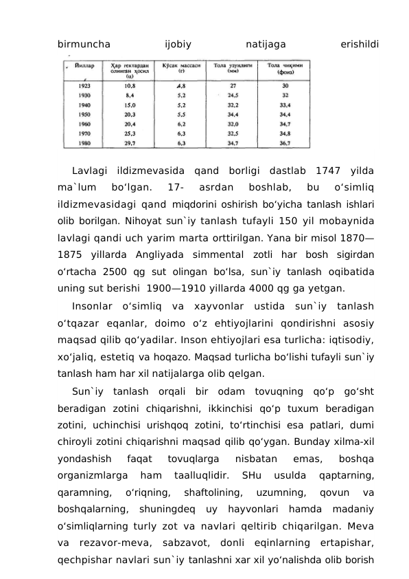 birmuncha
 
ijobiy
 
natijaga
 erishildi
Lavlagi  ildizmevasida  qand  borligi  dastlab  1747  yilda
ma`lum
 bo‘lgan.  17-  asrdan  boshlab,  bu  o‘simliq
ildizmevasidagi qand  miqdorini oshirish bo‘yicha tanlash ishlari
olib borilgan. Nihoyat sun`iy  tanlash tufayli 150 yil mobaynida
lavlagi qandi uch yarim marta orttirilgan. Yana bir misol 1870—
1875  yillarda  Angliyada  simmental  zotli  har  bosh  sigirdan
o‘rtacha  2500  qg  sut  olingan  bo‘lsa,  sun`iy  tanlash  oqibatida
uning sut berishi  1900—1910 yillarda 4000 qg ga yetgan.
Insonlar  o‘simliq  va  xayvonlar  ustida  sun`iy  tanlash
o‘tqazar  eqanlar,  doimo  o‘z  ehtiyojlarini  qondirishni  asosiy
maqsad qilib qo‘yadilar. Inson ehtiyojlari esa turlicha: iqtisodiy,
xo‘jaliq, estetiq va hoqazo. Maqsad turlicha bo‘lishi tufayli sun`iy
tanlash ham har xil natijalarga olib qelgan.
Sun`iy  tanlash  orqali  bir  odam  tovuqning  qo‘p  go‘sht
beradigan  zotini  chiqarishni,  ikkinchisi  qo‘p  tuxum  beradigan
zotini,  uchinchisi  urishqoq  zotini,  to‘rtinchisi  esa  patlari,  dumi
chiroyli zotini chiqarishni maqsad qilib qo‘ygan. Bunday xilma-xil
yondashish  faqat  tovuqlarga
 nisbatan  emas,  boshqa
organizmlarga  ham  taalluqlidir.  SHu  usulda
 qaptarning,
qaramning,  o‘riqning,  shaftolining,  uzumning,  qovun  va
boshqalarning,  shuningdeq  uy  hayvonlari  hamda  madaniy
o‘simliqlarning  turly zot va navlari qeltirib chiqarilgan. Meva
va  rezavor-meva,  sabzavot,  donli  eqinlarning  ertapishar,
qechpishar navlari sun`iy tanlashni xar xil yo‘nalishda olib borish
