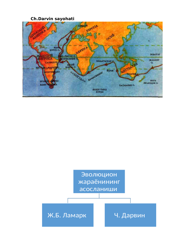 Ch.Darvin sayohati
Эволюцион 
жараёнининг 
асосланиши 
Ж.Б. Ламарк 
Ч. Дарвин 
