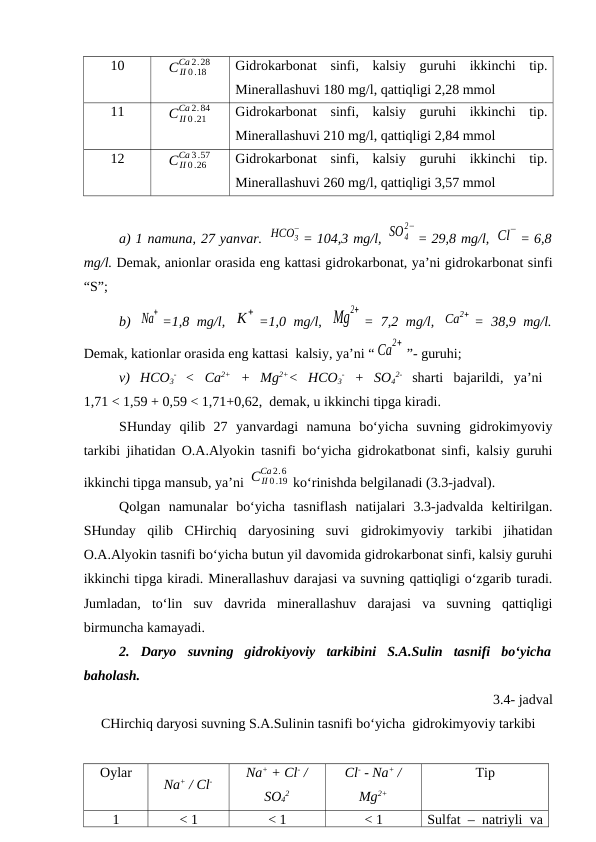 10
CII 0 .18
Ca 2.28
Gidrokarbonat  sinfi,  kalsiy  guruhi  ikkinchi  tip.
Minerallashuvi 180 mg/l, qattiqligi 2,28 mmol
11
CII 0 .21
Ca 2.84
Gidrokarbonat  sinfi,  kalsiy  guruhi  ikkinchi  tip.
Minerallashuvi 210 mg/l, qattiqligi 2,84 mmol
12
CII 0 .26
Ca 3 .57
Gidrokarbonat  sinfi,  kalsiy  guruhi  ikkinchi  tip.
Minerallashuvi 260 mg/l, qattiqligi 3,57 mmol
a) 1 namuna, 27 yanvar. HCO3
−
= 104,3 mg/l, SO4
2−
= 29,8 mg/l, Cl− = 6,8
mg/l. Demak, anionlar orasida eng kattasi gidrokarbonat, ya’ni gidrokarbonat sinfi
“S”;
b)  Na
+ =1,8 mg/l,  K+ =1,0 mg/l,  Mg
2+
= 7,2 mg/l,  Ca2+ = 38,9 mg/l.
Demak, kationlar orasida eng kattasi  kalsiy, ya’ni “ Ca
2+
”- guruhi;
v) HCO3
-
 <  Ca2+ +  Mg2+<  HCO3
- +  SO4
2- sharti  bajarildi,  ya’ni  
1,71 < 1,59 + 0,59 < 1,71+0,62,  demak, u ikkinchi tipga kiradi.
SHunday  qilib  27  yanvardagi  namuna  bo‘yicha  suvning  gidrokimyoviy
tarkibi jihatidan O.A.Alyokin tasnifi bo‘yicha gidrokatbonat sinfi, kalsiy guruhi
ikkinchi tipga mansub, ya’ni CII 0 .19
Ca 2.6
ko‘rinishda belgilanadi (3.3-jadval).
Qolgan  namunalar  bo‘yicha  tasniflash  natijalari  3.3-jadvalda  keltirilgan.
SHunday  qilib  CHirchiq daryosining  suvi  gidrokimyoviy  tarkibi  jihatidan
O.A.Alyokin tasnifi bo‘yicha butun yil davomida gidrokarbonat sinfi, kalsiy guruhi
ikkinchi tipga kiradi. Minerallashuv darajasi va suvning qattiqligi o‘zgarib turadi.
Jumladan,  to‘lin  suv  davrida  minerallashuv  darajasi  va  suvning  qattiqligi
birmuncha kamayadi.
2.  Daryo  suvning  gidrokiyoviy  tarkibini  S.A.Sulin  tasnifi  bo‘yicha
baholash.
3.4- jadval
CHirchiq daryosi suvning S.A.Sulinin tasnifi bo‘yicha  gidrokimyoviy tarkibi
Oylar
Na+ / Cl-
Na+ + Cl- /
SO4
2
Cl- - Na+ /
Mg2+
Tip
1
< 1
< 1
< 1
Sulfat – natriyli va
