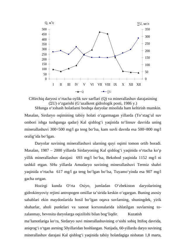 0
50
100
150
200
250
300
350
400
450
500
I
II
III
IV
V
VI
VII
VIII
IX
X
XII
XII
 Q, м
з/с
0
50
100
150
200
250
300
350
∑U, мг/л 
Q
∑U 
CHirchiq daryosi o‘rtacha oylik suv sarflari (Q) va minerallashuv darajasining
(U) o‘zgarishi (G‘azalkent gidrologik posti, 1986 y.)
SHunga o‘xshash holatlarni boshqa daryolar misolida ham keltirish mumkin.
Masalan, Sirdaryo oqimining tabiiy holati o‘zgarmagan yillarda (To‘xtag‘ul suv
ombori ishga tushgunga qadar) Kal qishlog‘i yaqinida to‘linsuv davrida uning
minerallashuvi 300÷500 mg/l ga teng bo‘lsa, kam suvli davrda esa 500÷800 mg/l
oralig‘ida bo‘lgan.
Daryolar suvining minerallashuvi ularning quyi  oqimi  tomon ortib boradi.
Masalan, 1987 – 2000 yillarda Sirdaryoning Kal qishlog‘i yaqinida o‘rtacha ko‘p
yillik minerallashuv darajasi  693 mg/l bo‘lsa, Bekobod yaqinida 1152 mg/l ni
tashkil  etgan.  SHu  yillarda  Amudaryo  suvining  minerallashuvi  Termiz  shahri
yaqinida o‘rtacha  617 mg/l ga teng bo‘lgan bo‘lsa, Tuyamo‘yinda esa 907 mg/l
gacha ortgan.
Hozirgi  kunda  O‘rta  Osiyo,  jumladan  O‘zbekiston  daryolarining
gidrokimyoviy rejimi antropogen omillar ta’sirida keskin o‘zgargan. Buning asosiy
sabablari ekin maydonlarida hosil bo‘lgan oqava suvlarning, shuningdek, yirik
shaharlar,  aholi  punktlari  va  sanoat  korxonalarida  ishlatilgan  suvlarning  to-
zalanmay, bevosita daryolarga oqizilishi bilan bog‘liqdir. 
Kuzatish
ma’lumotlariga ko‘ra, Sirdaryo suvi minerallashuvining o‘sishi sobiq Ittifoq davrida,
aniqrog‘i o‘tgan asrning 50yillaridan boshlangan. Natijada, 60-yillarda daryo suvining
minerallashuv darajasi Kal qishlog‘i yaqinida tabiiy holatdagiga nisbatan 1,8 marta,
