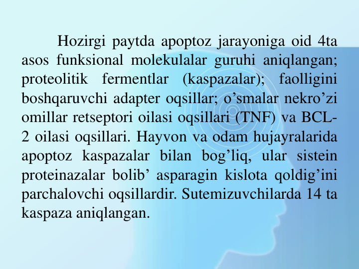 Hozirgi paytda apoptoz jarayoniga oid 4ta
asos funksional molekulalar guruhi aniqlangan;
proteolitik
fermentlar
(kaspazalar);
faolligini
boshqaruvchi adapter oqsillar; o’smalar nekro’zi
omillar retseptori oilasi oqsillari (TNF) va BCL-
2 oilasi oqsillari. Hayvon va odam hujayralarida
apoptoz kaspazalar bilan bog’liq, ular sistein
proteinazalar bolib’ asparagin kislota qoldig’ini
parchalovchi oqsillardir. Sutemizuvchilarda 14 ta
kaspaza aniqlangan.
