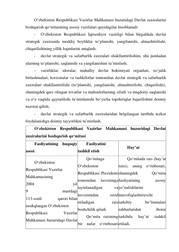  
O‘zbekiston Respublikasi Vazirlar Mahkamasi huzuridagi Davlat zaxiralarini 
boshqarish qo‘mitasining asosiy vazifalari quyidagilar hisoblanadi: 
-     O‘zbekiston Respublikasi Iqtisodiyot vazirligi bilan birgalikda davlat 
strategik zaxirasida moddiy boyliklar to‘planishi, yangilanishi, almashtirilishi, 
chiqarilishining yillik hajmlarini aniqlash; 
-     davlat strategik va safarbarlik zaxiralari shakllantirilishini, shu jumladan 
ularning to‘planishi, saqlanishi va yangilanishini taʼminlash; 
-     vazirliklar, idoralar, mahalliy davlat hokimiyati organlari, xo‘jalik 
birlashmalari, korxonalar va tashkilotlar tomonidan davlat strategik va safarbarlik 
zaxiralari shakllantirilishi (to‘planishi, yangilanishi, almashtirilishi, chiqarilishi), 
shuningdek qarz olingan tovarlar va mahsulotlarning sifatli va miqdoriy saqlanishi 
va o‘z vaqtida qaytarilishi taʼminlanishi bo‘yicha topshiriqlar bajarilishini doimiy 
nazorat qilish; 
-     davlat strategik va safarbarlik zaxiralaridan belgilangan tartibda tezkor 
foydalanishga doimiy tayyorlikni taʼminlash. 
O‘zbekiston Respublikasi Vazirlar Mahkamasi huzuridagi Davlat 
zaxiralarini boshqarish qo‘mitasi 
Faoliyatining huquqiy 
asosi 
Faoliyatini 
tashkil etish 
Hayʼat 
O‘zbekiston 
Respublikasi Vazirlar 
Mahkamasining  
2004 
yil 
9 
martdagi 
113-sonli 
qarori bilan 
tasdiqlangan O‘zbekiston 
Respublikasi 
Vazirlar 
Mahkamasi huzuridagi Davlat 
Qo‘mitaga 
O‘zbekiston 
Respublikasi Prezidenti 
tomonidan 
lavozimga 
tayinlanadigan 
va 
lavozimidan 
ozod 
etiladigan 
rais 
boshchilik qiladi. 
Qo‘mita raisining 
bir nafar o‘rinbosari 
Qo‘mitada rais (hayʼat 
raisi), uning o‘rinbosari, 
shuningdek 
Qo‘mita 
faoliyatining 
asosiy 
yo‘nalishlarini 
muvofiqlashtiruvchi 
tarkibiy 
bo‘linmalari 
rahbarlaridan 
iborat 
tarkibda 
hayʼat 
tashkil 
etiladi. 
