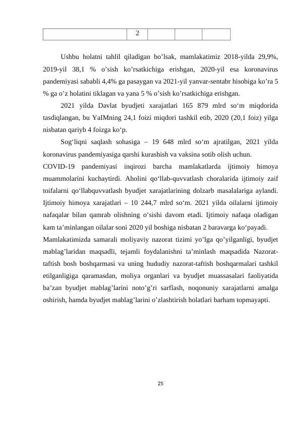 2
Ushbu holatni tahlil qiladigan bo’lsak, mamlakatimiz 2018-yilda 29,9%,
2019-yil  38,1  %  o’sish  ko’rsatkichiga  erishgan,  2020-yil  esa  koronavirus
pandemiyasi sababli 4,4% ga pasaygan va 2021-yil yanvar-sentabr hisobiga ko’ra 5
% ga o’z holatini tiklagan va yana 5 % o’sish ko’rsatkichiga erishgan.  
2021  yilda  Davlat  byudjeti  xarajatlari  165  879  mlrd  so‘m  miqdorida
tasdiqlangan, bu YaIMning 24,1 foizi miqdori tashkil etib, 2020 (20,1 foiz) yilga
nisbatan qariyb 4 foizga ko‘p. 
Sog‘liqni  saqlash  sohasiga  –  19  648  mlrd  so‘m  ajratilgan,  2021  yilda
koronavirus pandemiyasiga qarshi kurashish va vaksina sotib olish uchun.
COVID-19  pandemiyasi  inqirozi  barcha  mamlakatlarda  ijtimoiy  himoya
muammolarini kuchaytirdi. Aholini qo‘llab-quvvatlash choralarida ijtimoiy zaif
toifalarni qo‘llabquvvatlash byudjet xarajatlarining dolzarb masalalariga aylandi.
Ijtimoiy himoya xarajatlari – 10 244,7 mlrd so‘m. 2021 yilda oilalarni ijtimoiy
nafaqalar bilan qamrab olishning o‘sishi davom etadi. Ijtimoiy nafaqa oladigan
kam ta’minlangan oilalar soni 2020 yil boshiga nisbatan 2 baravarga ko‘payadi. 
Mamlakatimizda samarali moliyaviy nazorat tizimi yo’lga qo’yilganligi, byudjet
mablag’laridan maqsadli, tejamli foydalanishni  ta’minlash  maqsadida Nazorat-
taftish bosh boshqarmasi va uning hududiy nazorat-taftish boshqarmalari tashkil
etilganligiga qaramasdan, moliya organlari va byudjet muassasalari faoliyatida
ba’zan byudjet mablag’larini noto’g’ri sarflash, noqonuniy xarajatlarni amalga
oshirish, hamda byudjet mablag’larini o’zlashtirish holatlari barham topmayapti.
25
