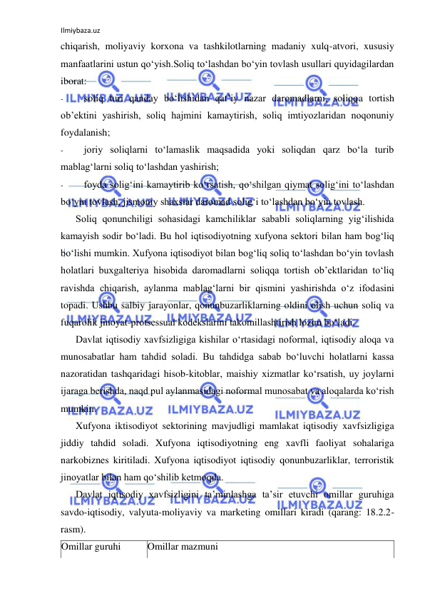 Ilmiybaza.uz 
 
chiqarish, moliyaviy korxona va tashkilotlarning madaniy xulq-atvori, xususiy 
manfaatlarini ustun qo‘yish.Soliq to‘lashdan bo‘yin tovlash usullari quyidagilardan 
iborat: 
- 
soliq turi qanday bo‘lishidan qat’iy nazar daromadlarni, soliqqa tortish 
ob’ektini yashirish, soliq hajmini kamaytirish, soliq imtiyozlaridan noqonuniy 
foydalanish; 
- 
joriy soliqlarni to‘lamaslik maqsadida yoki soliqdan qarz bo‘la turib 
mablag‘larni soliq to‘lashdan yashirish; 
- 
foyda solig‘ini kamaytirib ko‘rsatish, qo‘shilgan qiymat solig‘ini to‘lashdan 
bo‘yin tovlash, jismoniy shaxslar daromad solig‘i to‘lashdan bo‘yin tovlash. 
Soliq qonunchiligi sohasidagi kamchiliklar sababli soliqlarning yig‘ilishida 
kamayish sodir bo‘ladi. Bu hol iqtisodiyotning xufyona sektori bilan ham bog‘liq 
bo‘lishi mumkin. Xufyona iqtisodiyot bilan bog‘liq soliq to‘lashdan bo‘yin tovlash 
holatlari buxgalteriya hisobida daromadlarni soliqqa tortish ob’ektlaridan to‘liq 
ravishda chiqarish, aylanma mablag‘larni bir qismini yashirishda o‘z ifodasini 
topadi. Ushbu salbiy jarayonlar, qonunbuzarliklarning oldini olish uchun soliq va 
fuqarolik jinoyat-protsessual kodekslarini takomillashtirish lozim bo‘ladi. 
Davlat iqtisodiy xavfsizligiga kishilar o‘rtasidagi noformal, iqtisodiy aloqa va 
munosabatlar ham tahdid soladi. Bu tahdidga sabab bo‘luvchi holatlarni kassa 
nazoratidan tashqaridagi hisob-kitoblar, maishiy xizmatlar ko‘rsatish, uy joylarni 
ijaraga berishda, naqd pul aylanmasidagi noformal munosabat va aloqalarda ko‘rish 
mumkin. 
Xufyona iktisodiyot sektorining mavjudligi mamlakat iqtisodiy xavfsizligiga 
jiddiy tahdid soladi. Xufyona iqtisodiyotning eng xavfli faoliyat sohalariga 
narkobiznes kiritiladi. Xufyona iqtisodiyot iqtisodiy qonunbuzarliklar, terroristik 
jinoyatlar bilan ham qo‘shilib ketmoqda. 
Davlat iqtisodiy xavfsizligini ta’minlashga ta’sir etuvchi omillar guruhiga 
savdo-iqtisodiy, valyuta-moliyaviy va marketing omillari kiradi (qarang: 18.2.2-
rasm). 
Omillar guruhi 
Omillar mazmuni 
