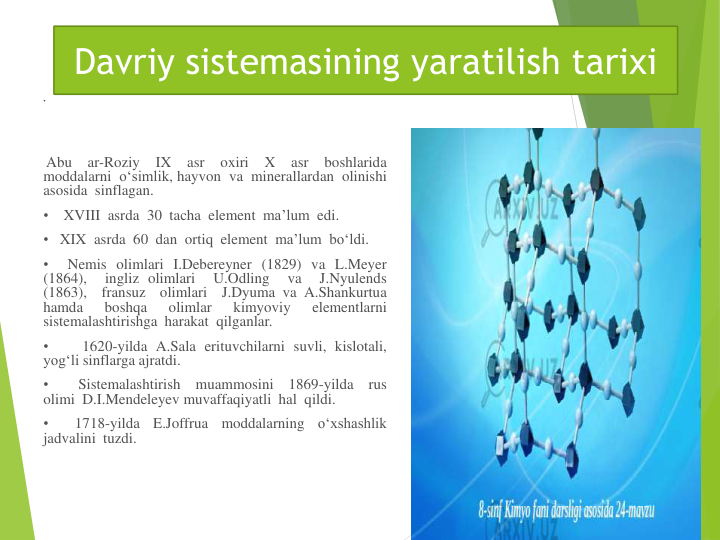 •
Abu
ar-Roziy
IX
asr
oxiri
X
asr
boshlarida
moddalarni o‘simlik, hayvon va minerallardan olinishi
asosida sinflagan.
•
XVIII asrda 30 tacha element ma’lum edi.
• XIX asrda 60 dan ortiq element ma’lum bo‘ldi.
•
Nemis olimlari I.Debereyner (1829) va L.Meyer
(1864),
ingliz olimlari
U.Odling
va
J.Nyulends
(1863),
fransuz
olimlari
J.Dyuma va A.Shankurtua
hamda
boshqa
olimlar
kimyoviy
elementlarni
sistemalashtirishga harakat qilganlar.
•
1620-yilda A.Sala erituvchilarni suvli, kislotali,
yog‘li sinflarga ajratdi.
•
Sistemalashtirish
muammosini
1869-yilda
rus
olimi D.I.Mendeleyev muvaffaqiyatli hal qildi.
•
1718-yilda
E.Joffrua
moddalarning
o‘xshashlik
jadvalini tuzdi.
Davriy sistemasining yaratilish tarixi
