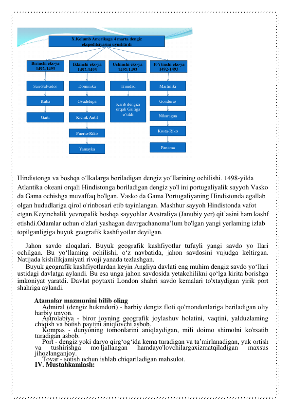 X.Kolumb Amerikaga 4 marta dengiz 
ekspeditsiyasini uyushtirdi
Birinchi eks-ya 
1492-1493
Ikkinchi eks-ya 
1492-1493
Uchinchi eks-ya 
1492-1493
To’rtinchi eks-ya 
1492-1493
San-Salvador
Dominika
Trinidad
Martiniki
Kuba
Gvadelupa
Karib dengizi
orqali Gaitiga
o’tildi
Gonduras
Gaiti
Kichik Antil
Nikaragua
Puerto-Riko
Yamayka
Kosta-Riko
Panama
 
 
Hindistonga va boshqa o‘lkalarga boriladigan dengiz yo‘llarining ochilishi. 1498-yilda 
Atlantika okeani orqali Hindistonga boriladigan dengiz yo'l ini portugaliyalik sayyoh Vasko 
da Gama ochishga muvaffaq bo'lgan. Vasko da Gama Portugaliyaning Hindistonda egallab 
olgan hududlariga qirol o'rinbosari etib tayinlangan. Mashhur sayyoh Hindistonda vafot 
etgan.Keyinchalik yevropalik boshqa sayyohlar Avstraliya (Janubiy yer) qit’asini ham kashf 
etishdi.Odamlar uchun o'zlari yashagan davrgachanoma’lum bo'lgan yangi yerlaming izlab 
topilganligiga buyuk geografik kashfiyotlar deyilgan. 
Jahon savdo aloqalari. Buyuk geografik kashfiyotlar tufayli yangi savdo yo llari 
ochilgan. Bu yo‘llaming ochilishi, o‘z navbatida, jahon savdosini vujudga keltirgan. 
Natijada kishilikjamiyati rivoji yanada tezlashgan. 
Buyuk geografik kashfiyotlardan keyin Angliya davlati eng muhim dengiz savdo yo‘llari 
ustidagi davlatga aylandi. Bu esa unga jahon savdosida yetakchilikni qo‘lga kirita borishga 
imkoniyat yaratdi. Davlat poytaxti London shahri savdo kemalari to'xtaydigan yirik port 
shahriga aylandi. 
          Atamalar mazmunini bilib oling 
Admiral (dengiz hukmdori) - harbiy dengiz floti qo'mondonlariga beriladigan oliy 
harbiy unvon. 
Astrolabiya - biror joyning geografik joylashuv holatini, vaqtini, yalduzlaming 
chiqish va botish paytini aniqlovchi asbob. 
Kompas - dunyoning tomonlarini aniqlaydigan, mili doimo shimolni ko'rsatib 
turadigan asbob. 
Port - dengiz yoki daryo qirg‘og‘ida kema turadigan va ta’mirlanadigan, yuk ortish 
va 
tushirishga 
mo'ljallangan 
hamdayo'lovchilargaxizmatqiladigan 
maxsus 
jihozlanganjoy. 
Tovar - sotish uchun ishlab chiqariladigan mahsulot. 
IV. Mustahkamlash: 
