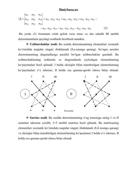 Ilmiybaza.uz 
                 (2)
                             
11
32
23
33
21
12
31
22
13
13
32
21
31
23
12
33
22
11
33
32
31
23
22
21
13
12
11
а
а
а
а
а
а
а
а
а
а
а
а
а
а
а
а
а
а
а
а
а
а
а
а
а
а
а
A




















 
 Bu yerda (2) formulani eslab qolish oson emas va shu sababli III tartibli 
determinantlarni quyidagi usullarda hisoblash mumkin. 
 Uchburchaklar usuli. Bu usulda determinantning elementlari sxematik 
ko‘rinishda nuqtalar singari ifodalanadi (8,а-rasmga qarang). So‘ngra asoslari 
determinantning diagonallariga parallel bo‘lgan uchburchaklar qaraladi. Bu 
uchburchaklarning 
uchlarida 
va 
diagonallarda 
joylashgan 
elementlarning 
ko‘paytmalari hosil qilinadi. I holda chiziqlar bilan tutashtirilgan elementlarning 
ko‘paytmalari o‘z ishorasi, II holda esa qarama-qarshi ishora bilan olinadi.
 
 Sarrius usuli. Bu usulda determinantning o‘ng tomoniga uning I va II 
ustunlari takroran yozilib, 3×5 tartibli matritsa hosil qilinadi. Bu matritsaning 
elementlari sxematik ko‘rinishda nuqtalar singari ifodalanadi (8,б-rasmga qarang) 
va chiziqlar bilan tutashtirilgan elementlarning ko‘paytmasi I holda o‘z ishorasi, II 
holda esa qarama-qarshi ishora bilan olinadi. 
 
I 
I 
II 
III 
+ 
+ 
+ 
II 
I 
II 
III 
– 
– 
– 
8,а-rasm 
