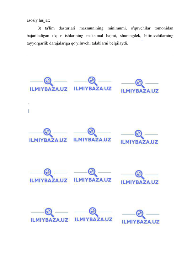 
 
asosiy hujjat; 
3) ta'lim dasturlari mazmunining minimumi, o'quvchilar tomonidan 
bajariladigan o'quv ishlarining maksimal hajmi, shuningdek, bitiruvchilarning 
tayyorgarlik darajalariga qo'yiluvchi talablarni belgilaydi. 
 
 
 
