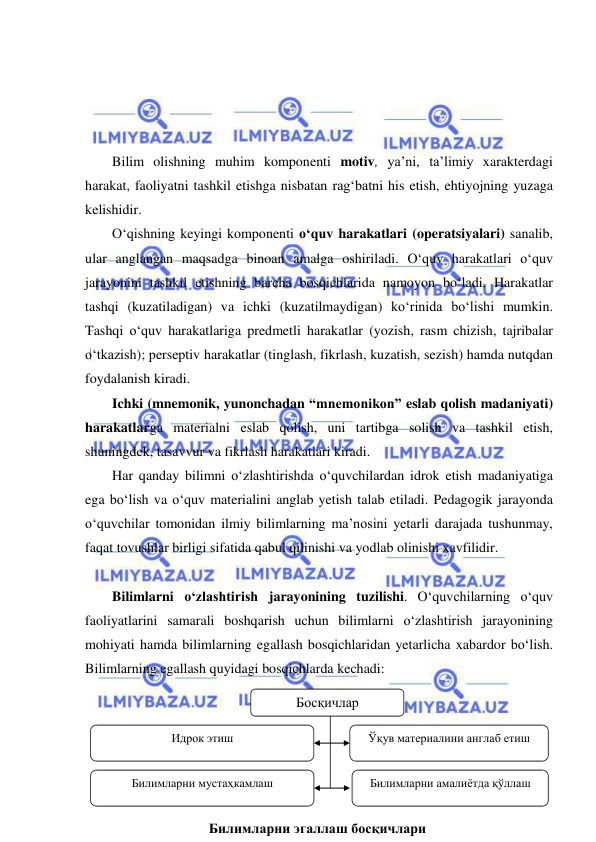  
 
 
 
 
 
Bilim olishning muhim komponenti motiv, ya’ni, ta’limiy xarakterdagi 
harakat, faoliyatni tashkil etishga nisbatan rag‘batni his etish, ehtiyojning yuzaga 
kelishidir. 
O‘qishning keyingi komponenti o‘quv harakatlari (operatsiyalari) sanalib, 
ular anglangan maqsadga binoan amalga oshiriladi. O‘quv harakatlari o‘quv 
jarayonini tashkil etishning barcha bosqichlarida namoyon bo‘ladi. Harakatlar 
tashqi (kuzatiladigan) va ichki (kuzatilmaydigan) ko‘rinida bo‘lishi mumkin. 
Tashqi o‘quv harakatlariga predmetli harakatlar (yozish, rasm chizish, tajribalar 
o‘tkazish); perseptiv harakatlar (tinglash, fikrlash, kuzatish, sezish) hamda nutqdan 
foydalanish kiradi. 
Ichki (mnemonik, yunonchadan “mnemonikon” eslab qolish madaniyati) 
harakatlarga materialni eslab qolish, uni tartibga solish va tashkil etish, 
shuningdek, tasavvur va fikrlash harakatlari kiradi. 
Har qanday bilimni o‘zlashtirishda o‘quvchilardan idrok etish madaniyatiga 
ega bo‘lish va o‘quv materialini anglab yetish talab etiladi. Pedagogik jarayonda 
o‘quvchilar tomonidan ilmiy bilimlarning ma’nosini yetarli darajada tushunmay, 
faqat tovushlar birligi sifatida qabul qilinishi va yodlab olinishi xavfilidir.  
 
Bilimlarni o‘zlashtirish jarayonining tuzilishi. O‘quvchilarning o‘quv 
faoliyatlarini samarali boshqarish uchun bilimlarni o‘zlashtirish jarayonining 
mohiyati hamda bilimlarning egallash bosqichlaridan yetarlicha xabardor bo‘lish. 
Bilimlarning egallash quyidagi bosqichlarda kechadi: 
 
 
 
 
Босқичлар 
Идрок этиш 
Билимларни эгаллаш босқичлари 
Ўқув материалини англаб етиш 
Билимларни мустаҳкамлаш 
Билимларни амалиётда қўллаш 
