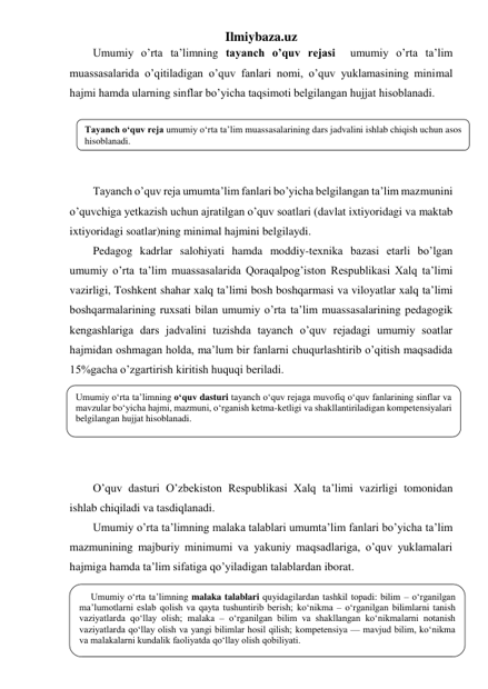 Ilmiybaza.uz 
Umumiy o’rta ta’limning tayanch o’quv rejasi  umumiy o’rta ta’lim 
muassasalarida o’qitiladigan o’quv fanlari nomi, o’quv yuklamasining minimal 
hajmi hamda ularning sinflar bo’yicha taqsimoti belgilangan hujjat hisoblanadi. 
 
 
 
 
Tayanch o’quv reja umumta’lim fanlari bo’yicha belgilangan ta’lim mazmunini 
o’quvchiga yetkazish uchun ajratilgan o’quv soatlari (davlat ixtiyoridagi va maktab 
ixtiyoridagi soatlar)ning minimal hajmini belgilaydi.  
Pedagog kadrlar salohiyati hamda moddiy-texnika bazasi etarli bo’lgan 
umumiy o’rta ta’lim muassasalarida Qoraqalpog’iston Respublikasi Xalq ta’limi 
vazirligi, Toshkent shahar xalq ta’limi bosh boshqarmasi va viloyatlar xalq ta’limi 
boshqarmalarining ruxsati bilan umumiy o’rta ta’lim muassasalarining pedagogik 
kengashlariga dars jadvalini tuzishda tayanch o’quv rejadagi umumiy soatlar 
hajmidan oshmagan holda, ma’lum bir fanlarni chuqurlashtirib o’qitish maqsadida 
15%gacha o’zgartirish kiritish huquqi beriladi. 
 
 
 
 
 
O’quv dasturi O’zbekiston Respublikasi Xalq ta’limi vazirligi tomonidan 
ishlab chiqiladi va tasdiqlanadi. 
Umumiy o’rta ta’limning malaka talablari umumta’lim fanlari bo’yicha ta’lim 
mazmunining majburiy minimumi va yakuniy maqsadlariga, o’quv yuklamalari 
hajmiga hamda ta’lim sifatiga qo’yiladigan talablardan iborat. 
 
 
 
Tayanch o‘quv reja umumiy o‘rta ta’lim muassasalarining dars jadvalini ishlab chiqish uchun asos 
hisoblanadi. 
 
Umumiy o‘rta ta’limning o‘quv dasturi tayanch o‘quv rejaga muvofiq o‘quv fanlarining sinflar va 
mavzular bo‘yicha hajmi, mazmuni, o‘rganish ketma-ketligi va shakllantiriladigan kompetensiyalari 
belgilangan hujjat hisoblanadi. 
 
Umumiy o‘rta ta’limning malaka talablari quyidagilardan tashkil topadi: bilim – o‘rganilgan 
ma’lumotlarni eslab qolish va qayta tushuntirib berish; ko‘nikma – o‘rganilgan bilimlarni tanish 
vaziyatlarda qo‘llay olish; malaka – o‘rganilgan bilim va shakllangan ko‘nikmalarni notanish 
vaziyatlarda qo‘llay olish va yangi bilimlar hosil qilish; kompetensiya — mavjud bilim, ko‘nikma 
va malakalarni kundalik faoliyatda qo‘llay olish qobiliyati. 
 
