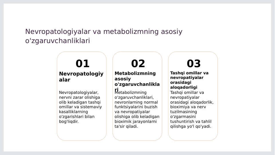Nevropatologiyalar va metabolizmning asosiy 
o'zgaruvchanliklari
01
Nevropatologiy
alar
Nevropatologiyalar, 
nervni zarar olishiga 
olib keladigan tashqi 
omillar va sistemaviy 
kasalliklarning 
o'zgarishlari bilan 
bog'liqdir.
02
Metabolizmning 
asosiy 
o'zgaruvchanlikla
ri
Metabolizmning 
o'zgaruvchanliklari, 
nevronlarning normal 
funktsiyalarini buzish 
va nevropatiyalar 
olishiga olib keladigan 
bioximik jarayonlarni 
ta'sir qiladi.
03
Tashqi omillar va 
nevropatiyalar 
orasidagi 
aloqadorligi
Tashqi omillar va 
nevropatiyalar 
orasidagi aloqadorlik, 
bioximiya va nerv 
tuzilmasining 
o'zgarmasini 
tushuntirish va tahlil 
qilishga yo'l qo'yadi.
