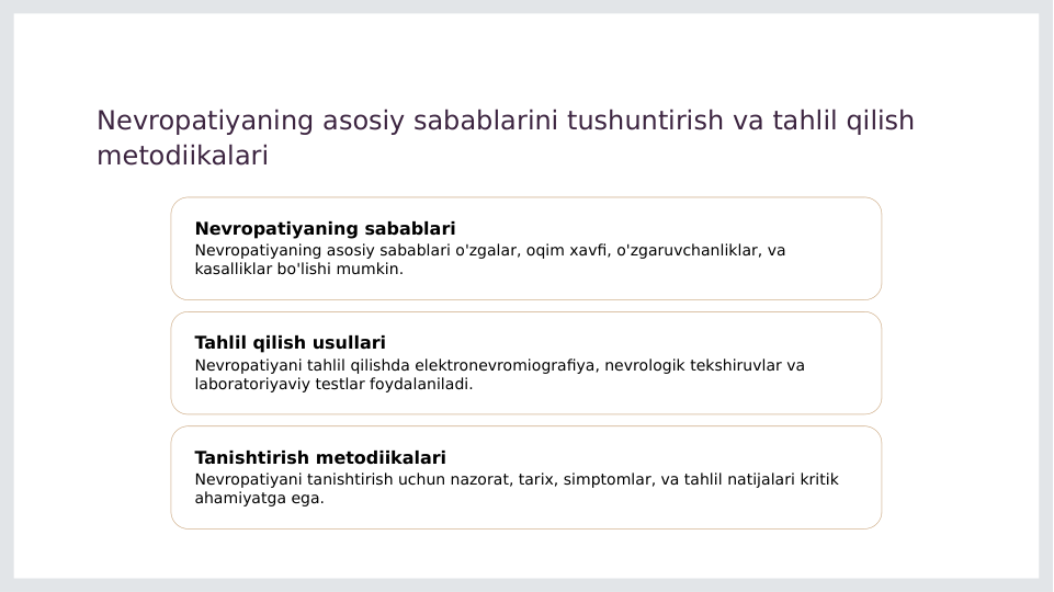 Nevropatiyaning asosiy sabablarini tushuntirish va tahlil qilish 
metodiikalari
Nevropatiyaning sabablari
Nevropatiyaning asosiy sabablari o'zgalar, oqim xavfi, o'zgaruvchanliklar, va 
kasalliklar bo'lishi mumkin.
Tahlil qilish usullari
Nevropatiyani tahlil qilishda elektronevromiografiya, nevrologik tekshiruvlar va 
laboratoriyaviy testlar foydalaniladi.
Tanishtirish metodiikalari
Nevropatiyani tanishtirish uchun nazorat, tarix, simptomlar, va tahlil natijalari kritik 
ahamiyatga ega.

