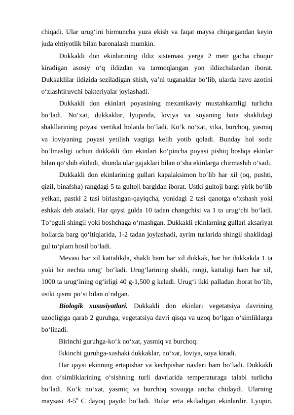 chiqadi. Ular urug‘ini birmuncha yuza ekish va faqat maysa chiqargandan keyin
juda ehtiyotlik bilan baronalash mumkin. 
Dukkakli  don  ekinlarining  ildiz  sistemasi  yerga  2  metr  gacha  chuqur
kiradigan  asosiy  o‘q  ildizdan  va  tarmoqlangan  yon  ildizchalardan  iborat.
Dukkaklilar ildizida seziladigan shish, ya’ni tuganaklar bo‘lib, ularda havo azotini
o‘zlashtiruvchi bakteriyalar joylashadi.
Dukkakli  don  ekinlari  poyasining  mexanikaviy  mustahkamligi  turlicha
bo‘ladi.  No‘xat,  dukkaklar,  lyupinda,  loviya  va  soyaning  buta  shaklidagi
shakllarining poyasi vertikal holatda bo‘ladi. Ko‘k no‘xat, vika, burchoq, yasmiq
va  loviyaning  poyasi  yetilish  vaqtiga  kelib  yotib  qoladi.  Bunday  hol  sodir
bo‘lmasligi uchun dukkakli don ekinlari ko‘pincha poyasi pishiq boshqa ekinlar
bilan qo‘shib ekiladi, shunda ular gajaklari bilan o‘sha ekinlarga chirmashib o‘sadi.
Dukkakli don ekinlarining gullari kapalaksimon bo‘lib har xil (oq, pushti,
qizil, binafsha) rangdagi 5 ta gultoji bargidan iborat. Ustki gultoji bargi yirik bo‘lib
yelkan, pastki 2 tasi birlashgan-qayiqcha, yonidagi 2 tasi qanotga o‘xshash yoki
eshkak deb ataladi. Har qaysi gulda 10 tadan changchisi va 1 ta urug‘chi bo‘ladi.
To‘pguli shingil yoki boshchaga o‘rnashgan. Dukkakli ekinlarning gullari aksariyat
hollarda barg qo‘ltiqlarida, 1-2 tadan joylashadi, ayrim turlarida shingil shaklidagi
gul to‘plam hosil bo‘ladi. 
Mevasi har xil kattalikda, shakli ham har xil dukkak, har bir dukkakda 1 ta
yoki bir nechta urug‘ bo‘ladi. Urug‘larining shakli, rangi, kattaligi ham har xil,
1000 ta urug‘ining og‘irligi 40 g-1,500 g keladi. Urug‘i ikki palladan iborat bo‘lib,
ustki qismi po‘st bilan o‘ralgan.
Biologik  xususiyatlari. Dukkakli  don  ekinlari  vegetatsiya  davrining
uzoqligiga qarab 2 guruhga, vegetatsiya davri qisqa va uzoq bo‘lgan o‘simliklarga
bo‘linadi.
Birinchi guruhga-ko‘k no‘xat, yasmiq va burchoq:
Ikkinchi guruhga-xashaki dukkaklar, no‘xat, loviya, soya kiradi. 
Har qaysi ekinning ertapishar va kechpishar navlari ham bo‘ladi. Dukkakli
don  o‘simliklarining  o‘sishning  turli  davrlarida  temperaturaga  talabi  turlicha
bo‘ladi.  Ko‘k  no‘xat,  yasmiq  va  burchoq  sovuqqa  ancha  chidaydi.  Ularning
maysasi 4-50  C dayoq paydo bo‘ladi. Bular erta ekiladigan ekinlardir. Lyupin,

