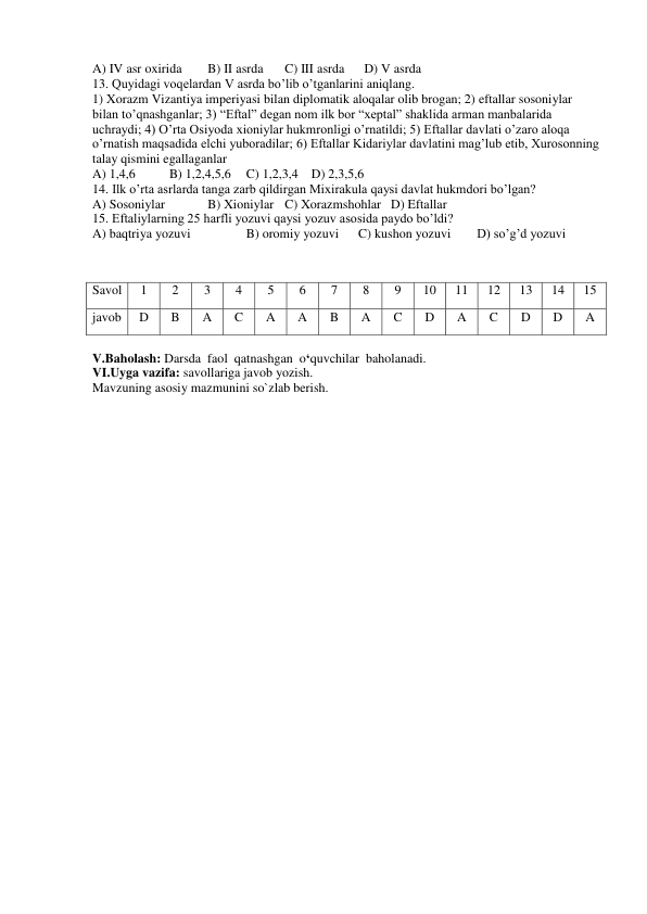 A) IV asr oxirida 
B) II asrda 
C) III asrda      D) V asrda 
13. Quyidagi voqelardan V asrda bo’lib o’tganlarini aniqlang. 
1) Xorazm Vizantiya imperiyasi bilan diplomatik aloqalar olib brogan; 2) eftallar sosoniylar 
bilan to’qnashganlar; 3) “Eftal” degan nom ilk bor “xeptal” shaklida arman manbalarida 
uchraydi; 4) O’rta Osiyoda xioniylar hukmronligi o’rnatildi; 5) Eftallar davlati o’zaro aloqa 
o’rnatish maqsadida elchi yuboradilar; 6) Eftallar Kidariylar davlatini mag’lub etib, Xurosonning 
talay qismini egallaganlar 
A) 1,4,6 
B) 1,2,4,5,6 
C) 1,2,3,4    D) 2,3,5,6 
14. Ilk o’rta asrlarda tanga zarb qildirgan Mixirakula qaysi davlat hukmdori bo’lgan? 
A) Sosoniylar  
B) Xioniylar C) Xorazmshohlar   D) Eftallar 
15. Eftaliylarning 25 harfli yozuvi qaysi yozuv asosida paydo bo’ldi? 
A) baqtriya yozuvi 
 
B) oromiy yozuvi      C) kushon yozuvi 
D) so’g’d yozuvi 
 
 
Savol  
1 
2 
3 
4 
5 
6 
7 
8 
9 
10 
11 
12 
13 
14 
15 
javob 
D 
B 
A 
C 
A 
A 
B 
A 
C 
D 
A 
C 
D 
D 
A 
 
V.Baholash: Darsda  faol  qatnashgan  o‘quvchilar  baholanadi. 
VI.Uyga vazifa: savollariga javob yozish. 
Mavzuning asosiy mazmunini so`zlab berish. 
 
 
