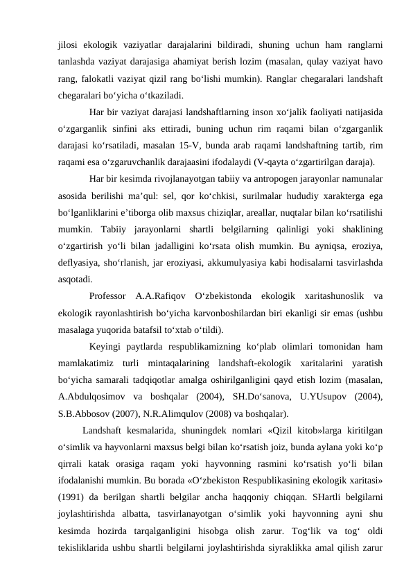 jilosi  ekologik  vaziyatlar  darajalarini  bildiradi,  shuning  uchun  ham  ranglarni
tanlashda vaziyat darajasiga ahamiyat berish lozim (masalan, qulay vaziyat havo
rang, falokatli vaziyat qizil rang bo‘lishi mumkin). Ranglar chegaralari landshaft
chegaralari bo‘yicha o‘tkaziladi.
Har bir vaziyat darajasi landshaftlarning inson xo‘jalik faoliyati natijasida
o‘zgarganlik  sinfini  aks  ettiradi, buning  uchun rim  raqami  bilan  o‘zgarganlik
darajasi ko‘rsatiladi, masalan 15-V, bunda arab raqami landshaftning tartib, rim
raqami esa o‘zgaruvchanlik darajaasini ifodalaydi (V-qayta o‘zgartirilgan daraja).
Har bir kesimda rivojlanayotgan tabiiy va antropogen jarayonlar namunalar
asosida berilishi ma’qul: sel, qor ko‘chkisi, surilmalar hududiy xarakterga ega
bo‘lganliklarini e’tiborga olib maxsus chiziqlar, areallar, nuqtalar bilan ko‘rsatilishi
mumkin.  Tabiiy  jarayonlarni  shartli  belgilarning  qalinligi  yoki  shaklining
o‘zgartirish yo‘li bilan jadalligini ko‘rsata olish mumkin. Bu ayniqsa, eroziya,
deflyasiya, sho‘rlanish, jar eroziyasi, akkumulyasiya kabi hodisalarni tasvirlashda
asqotadi.
Professor  A.A.Rafiqov  O‘zbekistonda  ekologik  xaritashunoslik  va
ekologik rayonlashtirish bo‘yicha karvonboshilardan biri ekanligi sir emas (ushbu
masalaga yuqorida batafsil to‘xtab o‘tildi).
Keyingi  paytlarda  respublikamizning  ko‘plab  olimlari  tomonidan  ham
mamlakatimiz  turli  mintaqalarining  landshaft-ekologik  xaritalarini  yaratish
bo‘yicha samarali tadqiqotlar amalga oshirilganligini qayd etish lozim (masalan,
A.Abdulqosimov  va  boshqalar  (2004),  SH.Do‘sanova,  U.YUsupov  (2004),
S.B.Abbosov (2007), N.R.Alimqulov (2008) va boshqalar).
Landshaft  kesmalarida,  shuningdek  nomlari  «Qizil  kitob»larga  kiritilgan
o‘simlik va hayvonlarni maxsus belgi bilan ko‘rsatish joiz, bunda aylana yoki ko‘p
qirrali  katak  orasiga  raqam  yoki  hayvonning  rasmini  ko‘rsatish  yo‘li  bilan
ifodalanishi mumkin. Bu borada «O‘zbekiston Respublikasining ekologik xaritasi»
(1991) da berilgan shartli belgilar ancha haqqoniy chiqqan. SHartli belgilarni
joylashtirishda  albatta,  tasvirlanayotgan  o‘simlik  yoki  hayvonning  ayni  shu
kesimda  hozirda  tarqalganligini  hisobga  olish  zarur.  Tog‘lik  va  tog‘  oldi
tekisliklarida ushbu shartli belgilarni joylashtirishda siyraklikka amal qilish zarur
