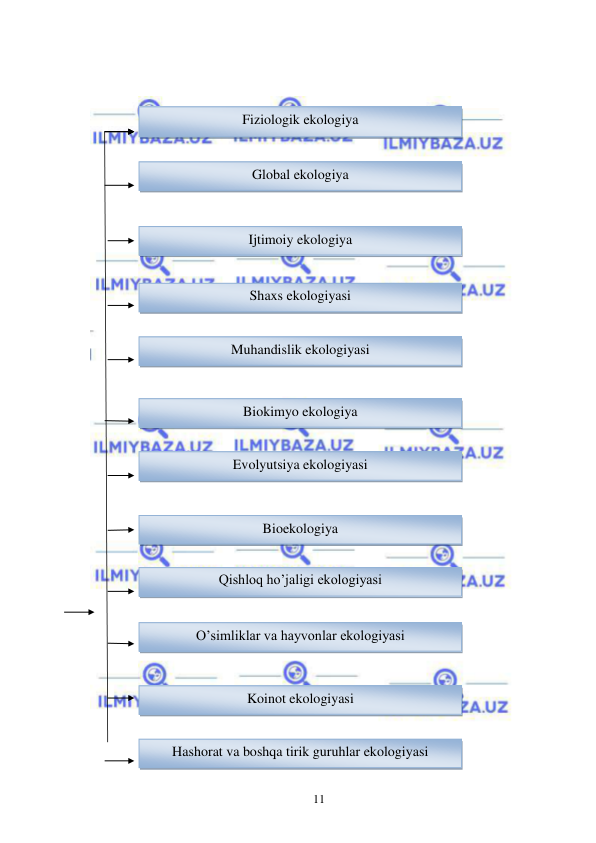  
 
11 
 
 
 
 
 
 
 
 
 
 
 
 
 
 
 
 
 
 
 
 
 
 
 
 
 
 
 
 
 
 
Fiziologik ekologiya 
Global ekologiya 
Ijtimoiy ekologiya 
Shaxs ekologiyasi 
 
Muhandislik ekologiyasi 
 
Biokimyo ekologiya 
 
Evolyutsiya ekologiyasi 
 
Bioekologiya 
Qishloq ho’jaligi ekologiyasi 
  
O’simliklar va hayvonlar ekologiyasi 
Koinot ekologiyasi 
 
Hashorat va boshqa tirik guruhlar ekologiyasi 
