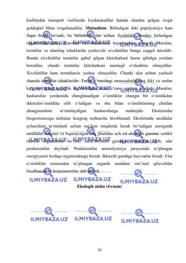  
 
20 
krablardan transport vazifasida foydalanadilar hamda ulardan qolgan ovqat 
qoldiqlari bilan ovqatlanadilar. Mutualizm. Birlashgan ikki populyatsiya ham 
faqat foyda ko‘radi, bu birlashish ular uchun foydalidir, bunday birlashgan 
organizmlar tabiiy sharoitda biri ikkinchisiz hayotkechira olmaydi. Masalan, 
termitlar va ularning ichaklarida yashovchi xivchinlilar bunga yaqqol misoldir. 
Bunda xivchinlilar termitlar qabul qilgan kletchatkani hazm qilishga yordam 
beradilar, chunki termitlar kletchatkani mustaqil o‘zlashtira olmaydilar. 
Xivchinlilar ham termitlarsiz yashay olmaydilar. Chunki ular uchun yashash 
sharoiti termitlar ichaklaridir. Turlar o‘rtasidagi munosabatlarning ikki va undan 
ko‘p tur uchun qulaylik tug‘diradigan xilini o‘zaro yordam deyiladi. Masalan, 
hasharotlar yordamida changlanadigan o‘simliklar changni bir o‘simlikdan 
ikkinchio‘simlikka olib o‘tadigan va shu bilan o‘simliklarning chetdan 
changlanishini 
ta’minlaydigan 
hasharotlarga 
muhtojdir. 
Ekotizimlar 
biogeotsenozga nisbatan kengroq tushuncha hisoblanadi. Ekotizimda moddalar 
aylanishini ta’minlash uchun ma’lum miqdorda kerak bo‘ladigan anorganik 
moddalar zahirasi va bajarayotgan ishi jihatidan uch xil ekologik guruhni tashkil 
etuvchi organizmlar bo‘lishi zarur.Birinchi guruhga o‘simliklar kirib, ular 
produtsentlar deyiladi. Produtsentlar assimilyatsiya jarayonida to‘plangan 
energiyasini boshqa organizmlarga beradi. Ikkinchi guruhga hayvonlar kiradi. Ular 
o‘simliklar tomonidan to‘plangan organik moddani iste’mol qiluvchilar 
hisoblanadi va kontsumentlar, deb ataladi.  
 
Ekologik nisha (4-rasm) 
