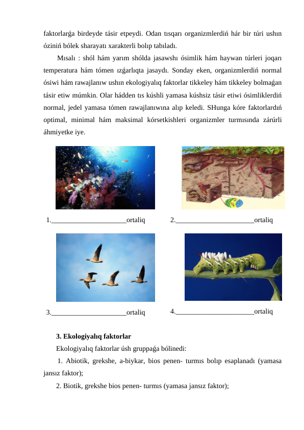 faktorlarǵa birdeyde tásir etpeydi. Odan tısqarı organizmlerdiń hár bir túri ushın
óziniń bólek sharayatı xarakterli bolıp tabıladı.
 Mısalı : shól hám yarım shólda jasawshı ósimlik hám haywan túrleri joqarı
temperatura hám tómen ızǵarlıqta jasaydı. Sonday eken, organizmlerdiń normal
ósiwi hám rawajlanıw ushın ekologiyalıq faktorlar tikkeley hám tikkeley bolmaǵan
tásir etiw múmkin. Olar hádden tıs kúshli yamasa kúshsiz tásir etiwi ósimliklerdiń
normal, jedel yamasa tómen rawajlanıwına alıp keledi. SHunga kóre faktorlardıń
optimal,  minimal  hám  maksimal  kórsetkishleri  organizmler  turmısında  zárúrli
áhmiyetke iye.
1._____________________ortaliq
2.______________________ortaliq
3._____________________ortaliq
4.______________________ortaliq
 3. Ekologiyalıq faktorlar 
 Ekologiyalıq faktorlar úsh gruppaǵa bólinedi:
 1. Abiotik, grekshe, a-biykar, bios penen- turmıs bolıp esaplanadı (yamasa
jansız faktor);
 2. Biotik, grekshe bios penen- turmıs (yamasa jansız faktor);
