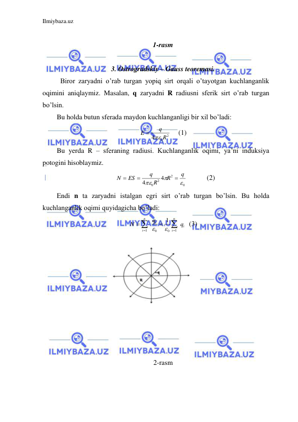 Ilmiybaza.uz 
 
 
1-rasm 
 
3. Ostrogradskiy – Gauss teoremasi. 
 Biror zaryadni o’rab turgan yopiq sirt orqali o’tayotgan kuchlanganlik 
oqimini aniqlaymiz. Masalan, q zaryadni R radiusni sferik sirt o’rab turgan 
bo’lsin.  
Bu holda butun sferada maydon kuchlanganligi bir xil bo’ladi:  
2
0
4
R
q
E
 
 
(1) 
Bu yerda R – sferaning radiusi. Kuchlanganlik oqimi, ya’ni induksiya 
potogini hisoblaymiz.  
0
2
2
0
4
4



q
R
R
q
ES
N



 
  (2) 
Endi n ta zaryadni istalgan egri sirt o’rab turgan bo’lsin. Bu holda 
kuchlanganlik oqimi quyidagicha bo’ladi:  
i
n
i
i
n
i
q
q
N






1
0
0
1
1


   (3) 
 
 
 
 
 
 
 
 
 
 
2-rasm 
 
