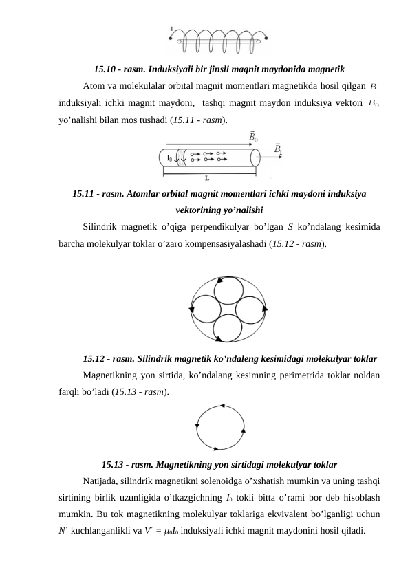 15.10 - rasm. Induksiyali bir jinsli magnit maydonida magnetik
Atom va molekulalar orbital magnit momentlari magnetikda hosil qilgan 
induksiyali ichki magnit maydoni,  tashqi magnit maydon induksiya vektori 
yo’nalishi bilan mos tushadi (15.11 - rasm).
15.11 - rasm. Atomlar orbital magnit momentlari ichki maydoni induksiya
vektorining yo’nalishi
Silindrik magnetik o’qiga perpendikulyar bo’lgan  S ko’ndalang kesimida
barcha molekulyar toklar o’zaro kompensasiyalashadi (15.12 - rasm).
15.12 - rasm. Silindrik magnetik ko’ndaleng kesimidagi molekulyar toklar
Magnetikning yon sirtida, ko’ndalang kesimning perimetrida toklar noldan
farqli bo’ladi (15.13 - rasm).
15.13 - rasm. Magnetikning yon sirtidagi molekulyar toklar
Natijada, silindrik magnetikni solenoidga o’xshatish mumkin va uning tashqi
sirtining birlik uzunligida o’tkazgichning  I0 tokli bitta o’rami bor deb hisoblash
mumkin. Bu tok magnetikning molekulyar toklariga ekvivalent bo’lganligi uchun
N kuchlanganlikli va V = m0I0 induksiyali ichki magnit maydonini hosil qiladi.
