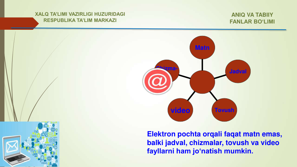 Elektron pochta orqali faqat matn emas, 
balki jadval, chizmalar, tovush va video 
fayllarni ham jo‘natish mumkin.
Chizma-
lar
video
Tovush
Jadval
Matn
ANIQ VA TABIIY 
FANLAR BO‘LIMI 
XALQ TA’LIMI VAZIRLIGI HUZURIDAGI
RESPUBLIKA TA’LIM MARKAZI
