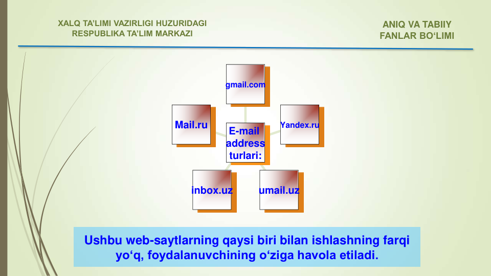 Mail.ru
inbox.uz
umail.uz
Yandex.ru
gmail.com
E-mail 
address  
turlari:
Ushbu web-saytlarning qaysi biri bilan ishlashning farqi 
yo‘q, foydalanuvchining o‘ziga havola etiladi.
ANIQ VA TABIIY 
FANLAR BO‘LIMI 
XALQ TA’LIMI VAZIRLIGI HUZURIDAGI
RESPUBLIKA TA’LIM MARKAZI
