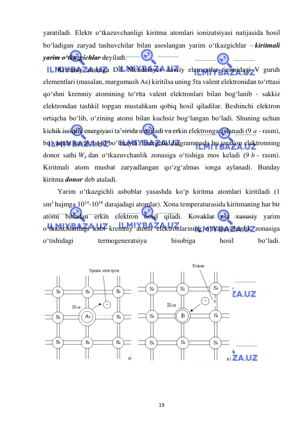  
19 
yaratiladi. Elektr o‘tkazuvchanligi kiritma atomlari ionizatsiyasi natijasida hosil 
bo‘ladigan zaryad tashuvchilar bilan asoslangan yarim o‘tkazgichlar – kiritmali 
yarim o‘tkazgichlar deyiladi. 
Kremniy atomiga D.I. Mendeleyev davriy elementlar tizimidagi V guruh 
elementlari (masalan, margumush As) kiritilsa uning 5ta valent elektronidan to‘rttasi 
qo‘shni kremniy atomining to‘rtta valent elektronlari bilan bog‘lanib - sakkiz 
elektrondan tashkil topgan mustahkam qobiq hosil qiladilar. Beshinchi elektron 
ortiqcha bo‘lib, o‘zining atomi bilan kuchsiz bog‘langan bo‘ladi. Shuning uchun 
kichik issiqlik energiyasi ta’sirida u uziladi va erkin elektronga aylanadi (9 a - rasm), 
bu vaqtda kovak hosil bo‘lmaydi. Energetik diagrammada bu jarayon elektronning 
donor sathi Wd dan o‘tkazuvchanlik zonasiga o‘tishiga mos keladi (9 b - rasm). 
Kiritmali atom musbat zaryadlangan qo‘zg‘almas ionga aylanadi. Bunday 
kiritma donor deb ataladi. 
Yarim o‘tkazgichli asboblar yasashda ko‘p kiritma atomlari kiritiladi (1 
sm3 hajmga 1014-1018 darajadagi atomlar). Xona temperaturasida kiritmaning har bir 
atomi bittadan erkin elektron hosil qiladi. Kovaklar esa xususiy yarim 
o‘tkazichlardagi kabi kremniy atomi elektronlarining o‘tkazuvchanlik zonasiga 
o‘tishidagi 
termogeneratsiya 
hisobiga 
hosil 
bo‘ladi. 
 
 
 
